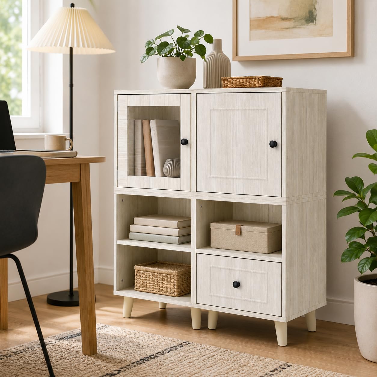 Armadietto in vetro con ante in legno e gambe in legno massello, piccolo espositore con anta in vetro e cassetto frontale in MDF e vetro temperato, 40 x 30 x 40 cm