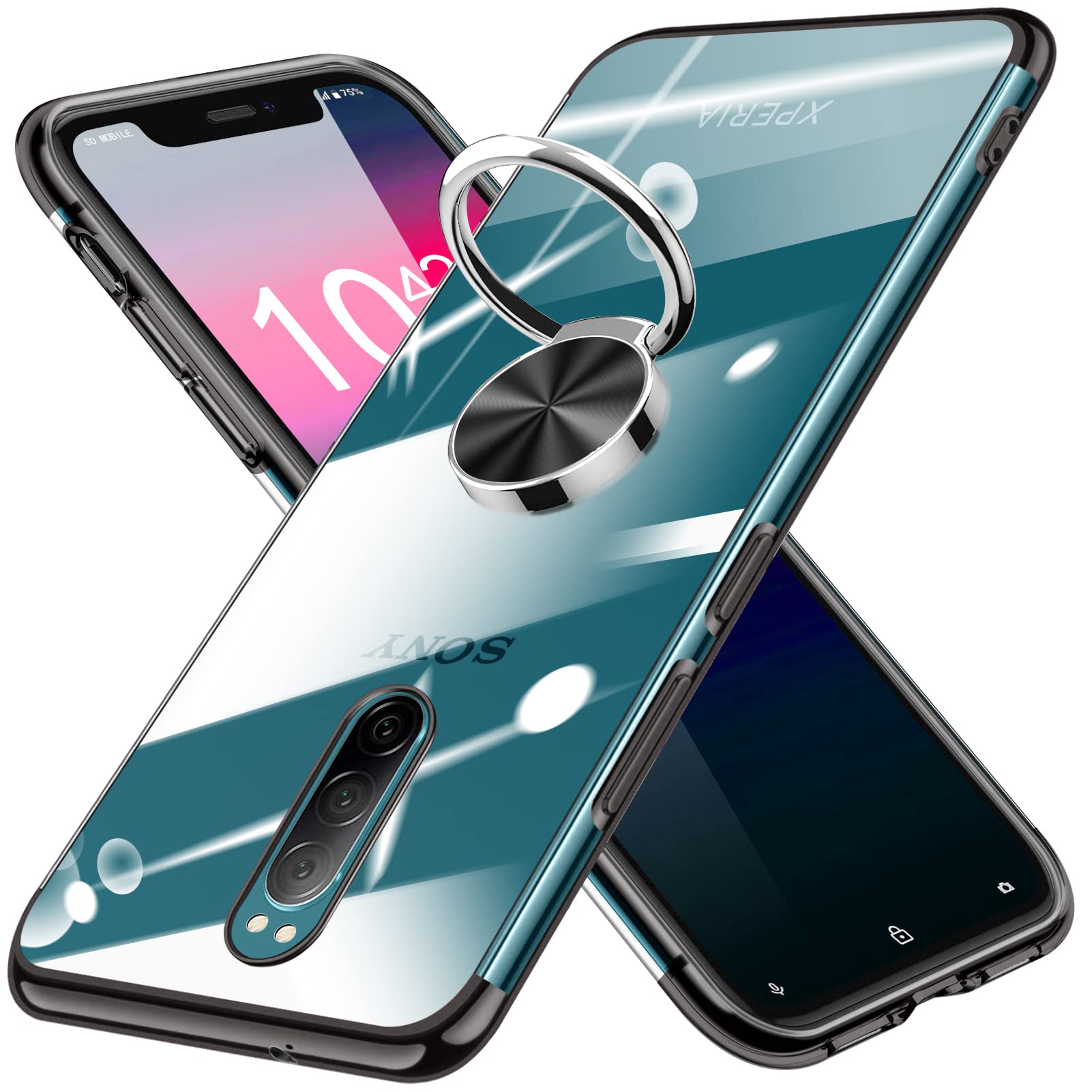 Xperia 1 ケースクリア リング付き 耐衝撃 TPU バンパー メッキ加工 SO-03L SOV40 専用保護カバー 透明 軽量 薄型 指紋防止 車載ホルダー エクスペリア 1カバー 黒 MDY-DDZH-10-01
