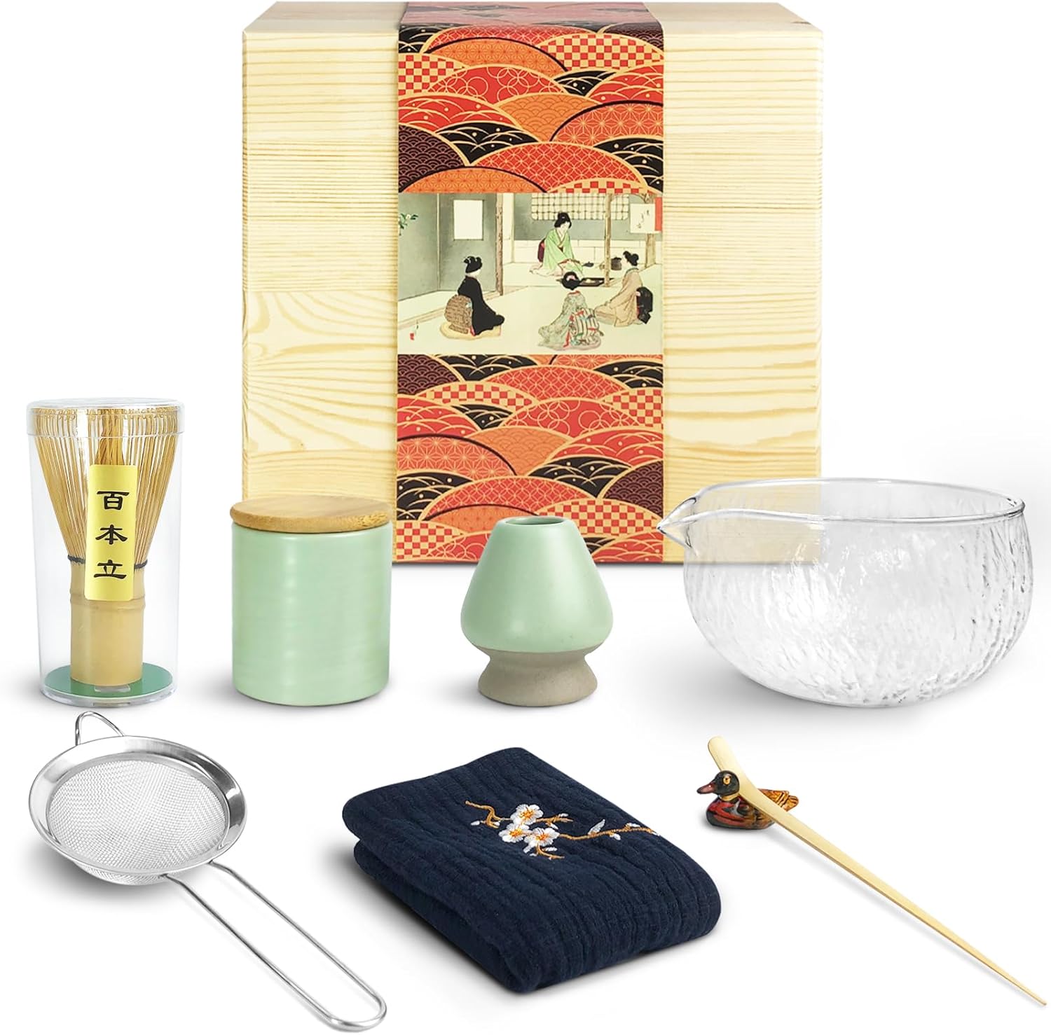 Japanese Matcha Tea Set, Glass Matcha Bowl with Pouring Spout