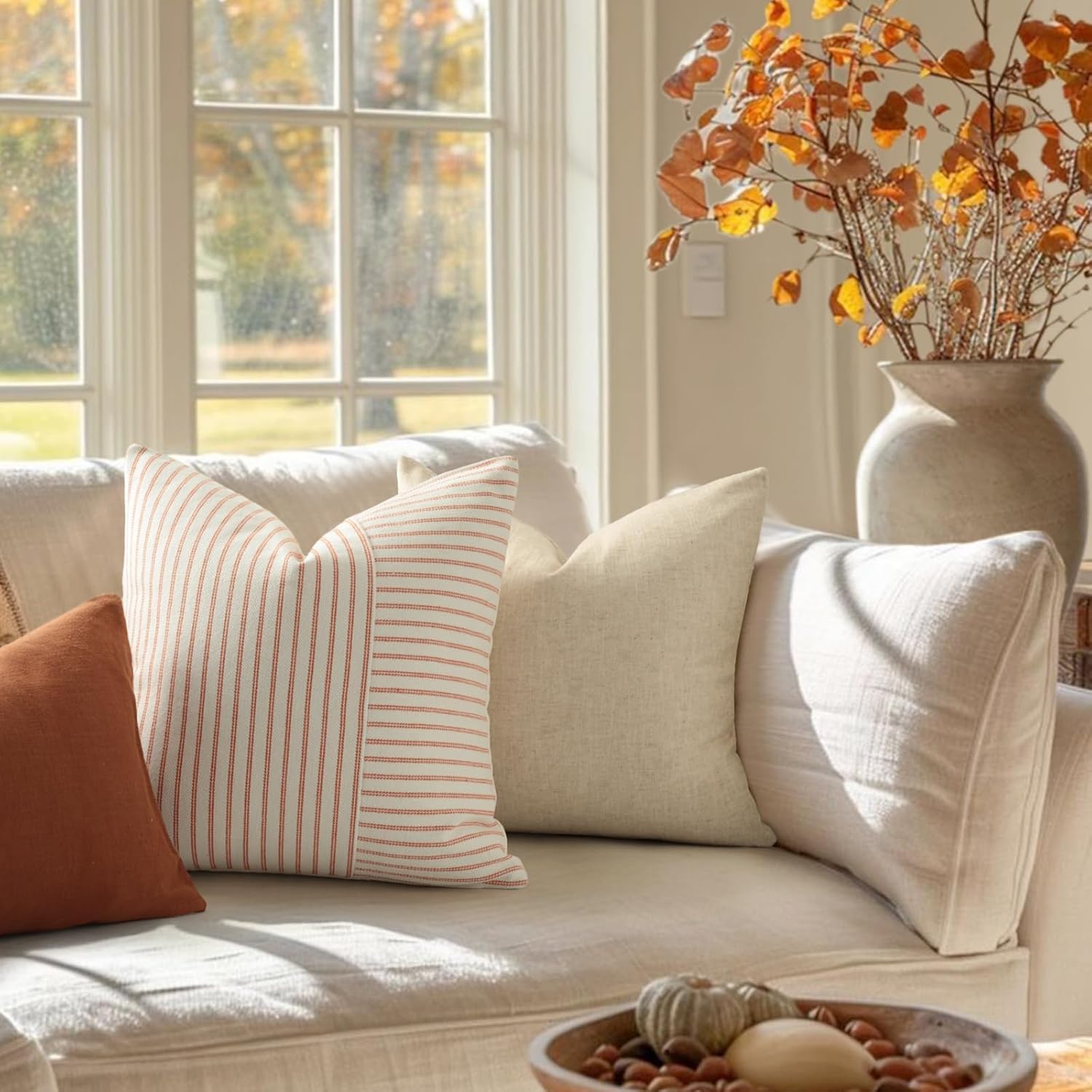 YCOLL Fall Pillow Covers 26x26, Modern Accent Throw Pillow Covers Set of 2, Burnt Orange Striped Patchwork Linen Decorative Pillows Cushion Covers for Couch Chair Bedroom Home Decor