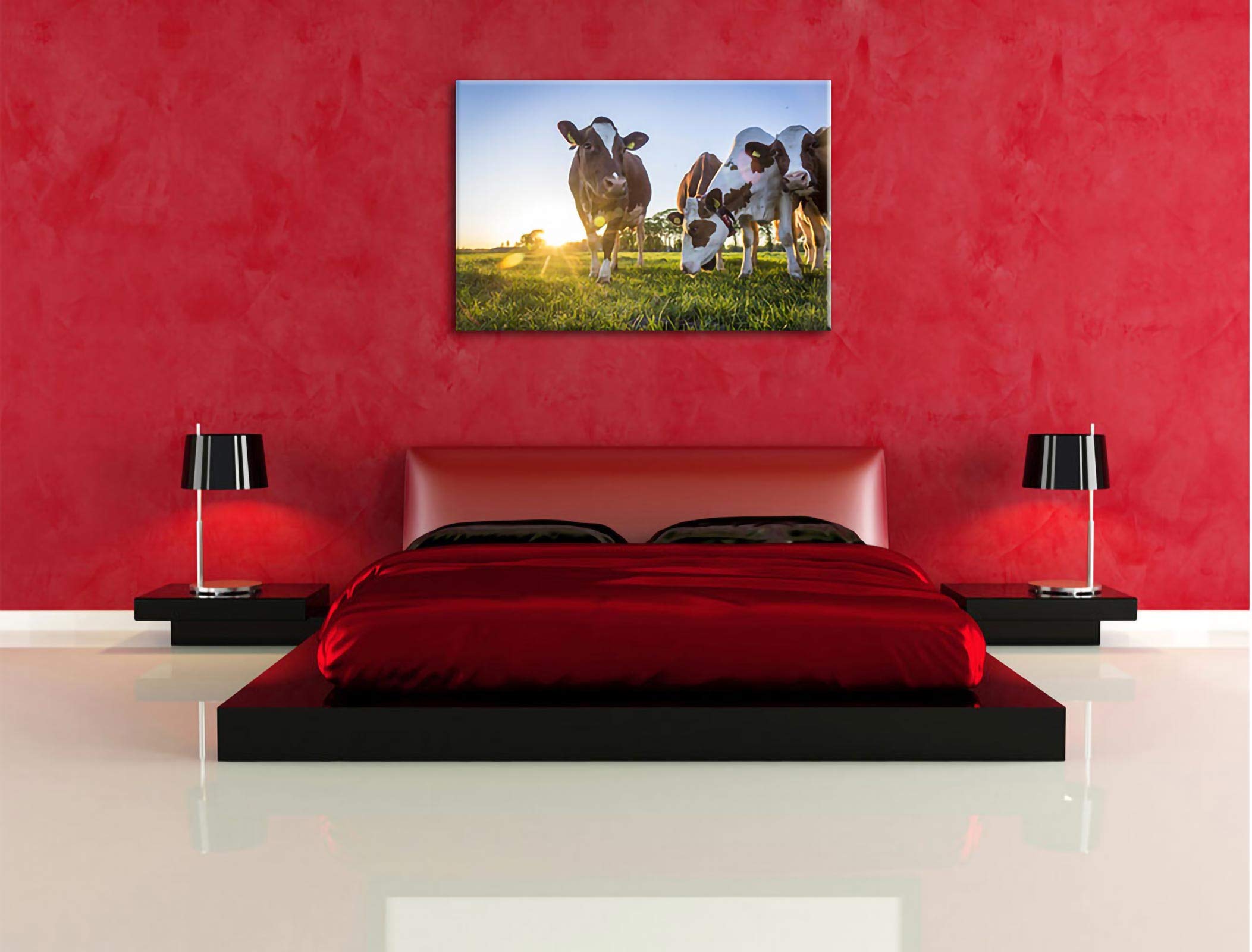 Pixxprint Kühe grasen auf Wiese bei Sonnenuntergang, Größe: 120x80cm, Leinwandbild, fertig gespannt, Wandbild, Dekoration, Kunstdruck, kein Poster