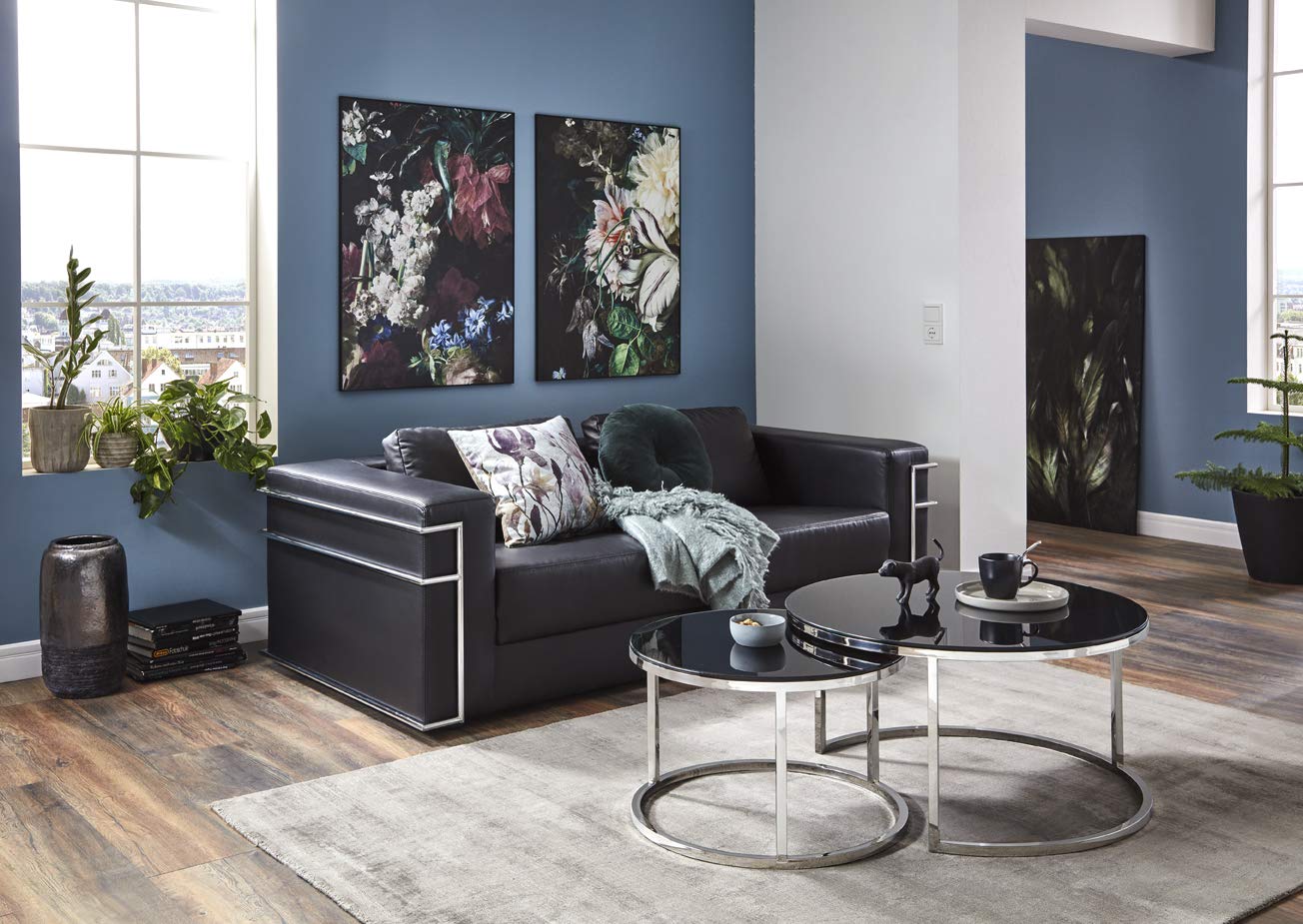 HAKU Tavolino rotondo in acciaio inossidabile con piano in vetro nero di sicurezza da 8 mm, tavolino rotondo in stile Art Déco - Dimensioni: A 36 x Ø 60 cm; Stile: Art Déco