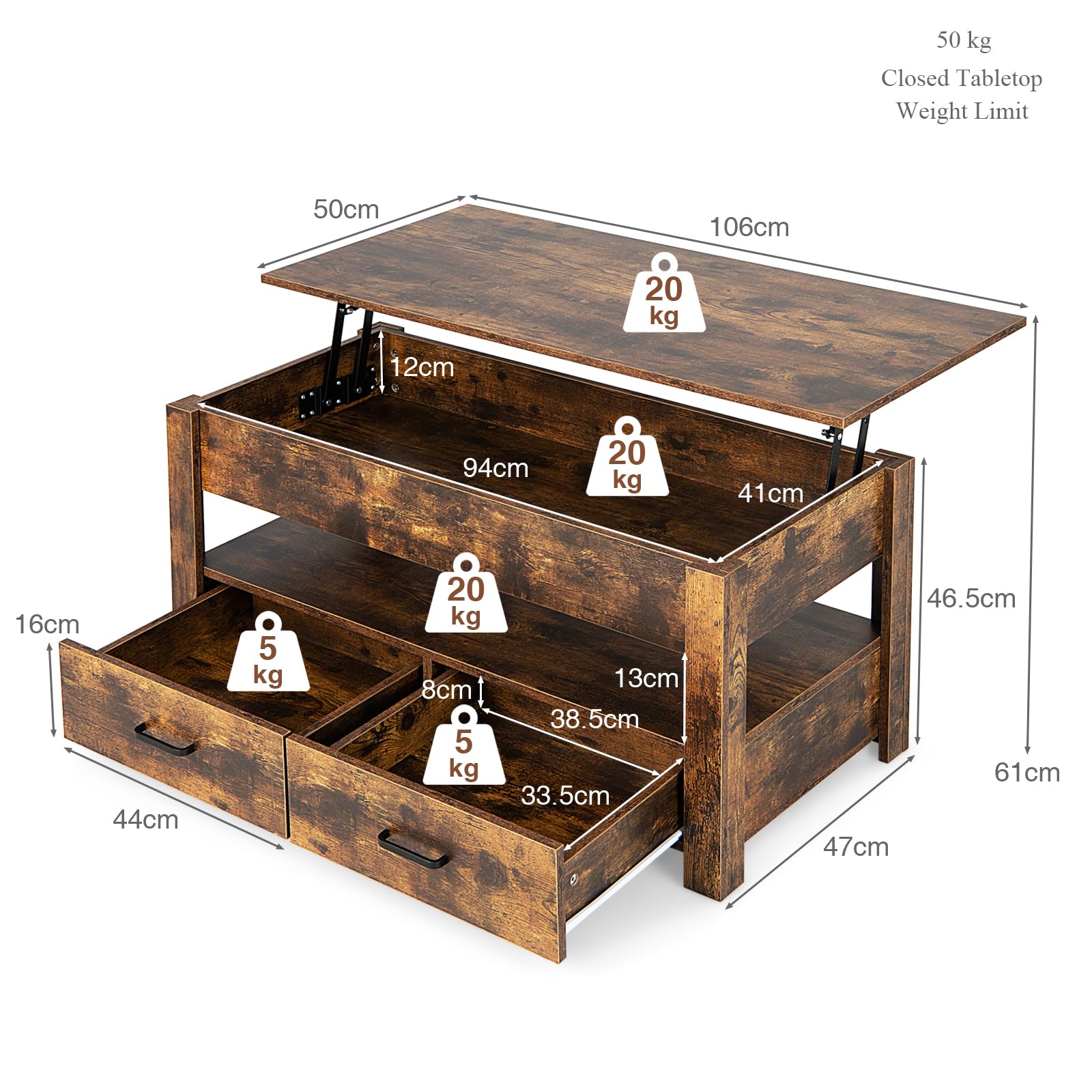 LIFEZEAL Mesa de Centro Elevable de 3 Niveles con Tapa, 2 Cajones y Almacenamiento Abierto, de Madera para Sala de Estar, Marrón