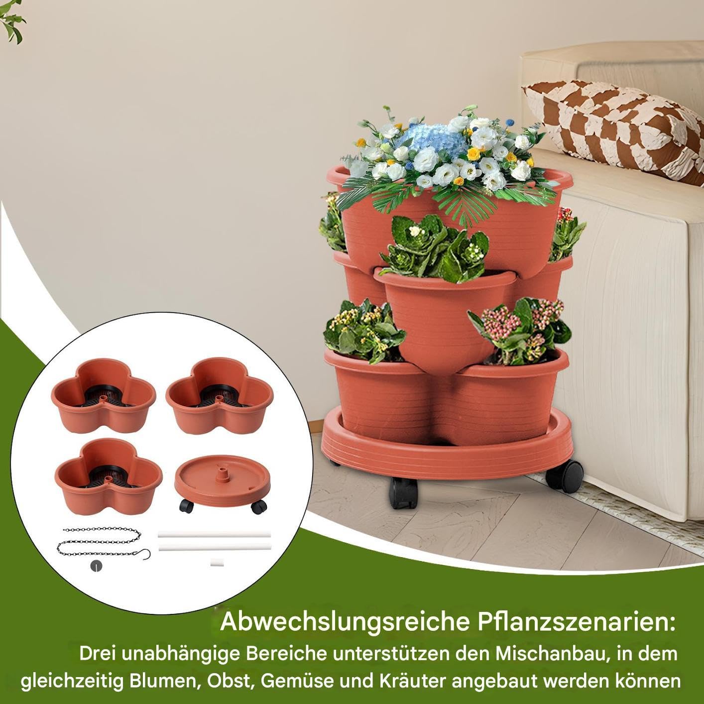 Pionowa wieża, 3-poziomowa , 30 x 13 cm, zdejmowane kółka i narzędzia, konstrukcja oszczędzająca przestrzeń, odporna na warunki atmosferyczne, idealna do kwiatów, warzyw, kuchni, balcony