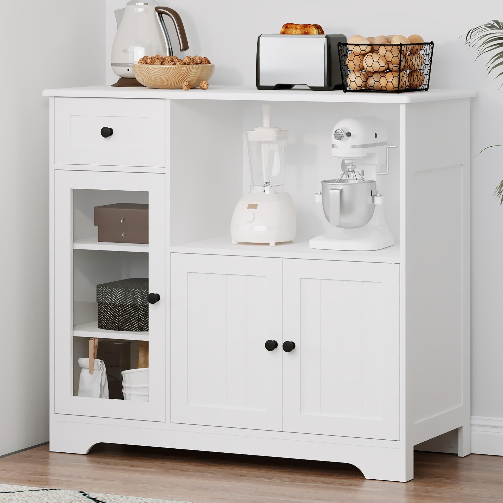 Küchenschrank mit Arbeitsplatte, Buffetschrank mit Mikrowellenregal, Sideboard mit 1 Schubladen, 3 Tür, Verstellbaren Regalen, für Küche, Esszimmer und Wohnzimmer, 90 x 40 x 82 cm, Weiß