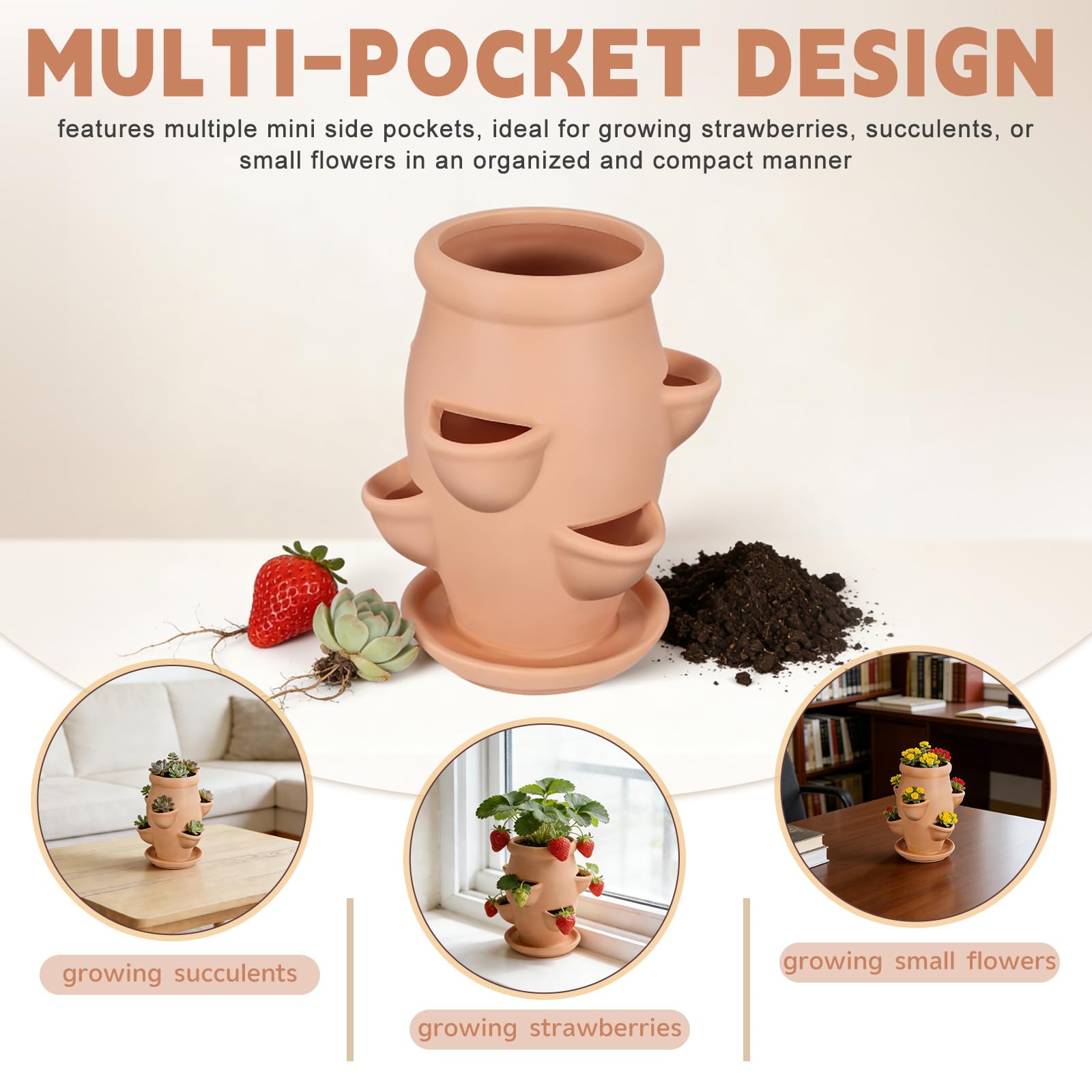 DOITOOL Tour à Fraises en Terre Cuite 6 Poches pour Plantes Succulentes Jardin et Patio Design Élégant Léger Circulation d'air Améliorée et Portable