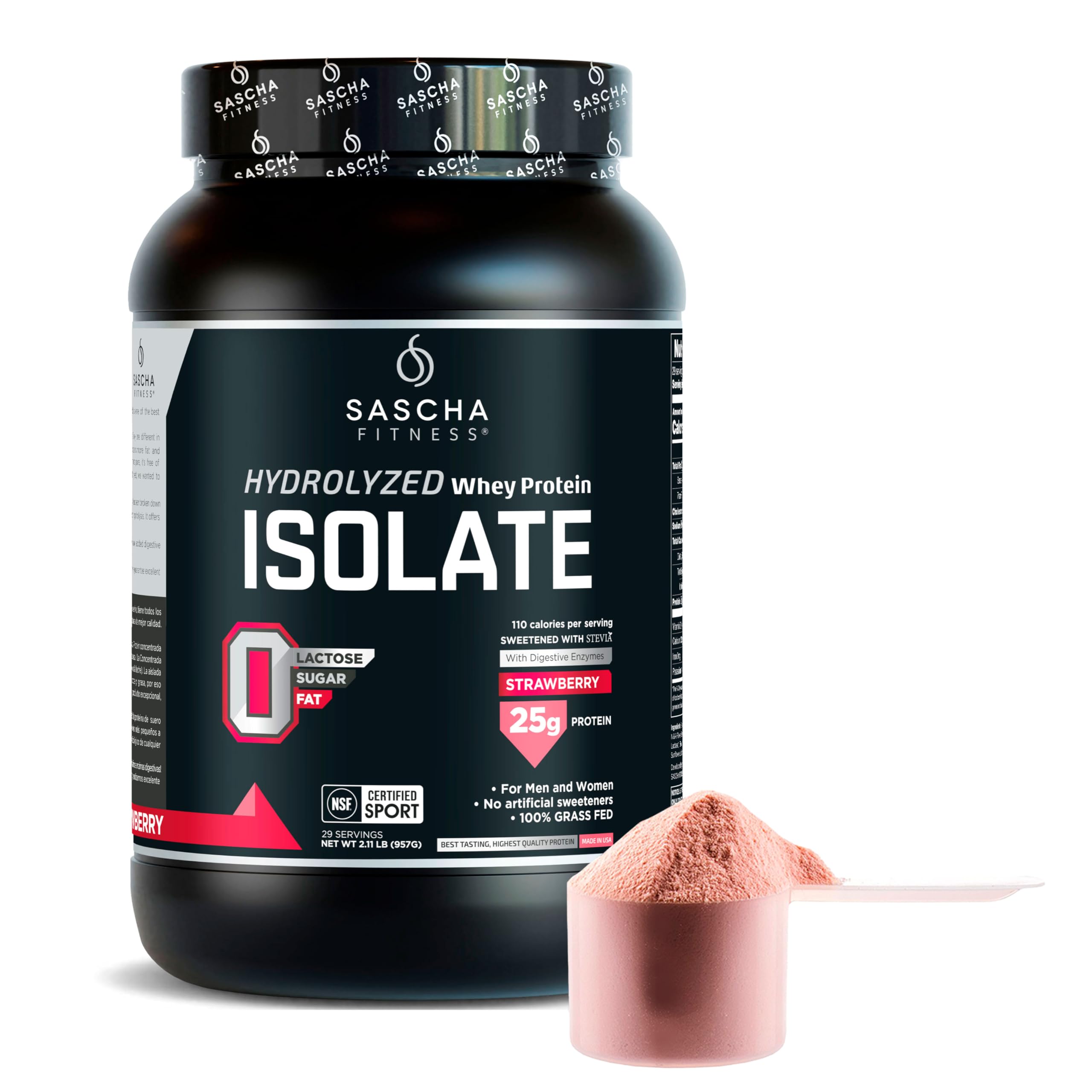 SASCHA FITNESS Hydrolyzed Whey Protein Isolate,100% Grass-Fed (2 Pounds, Strawberry)