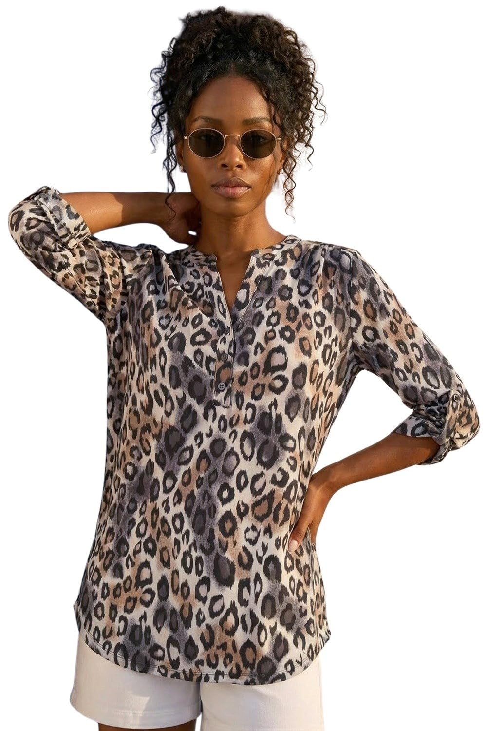 Roman Originals Women's Taupe Roman Shirt For Uk Top Collarless Blouse Stretchy Tunic Smart Casual Autumn Winter Jersey 3/4 Length Sleeve Notch V Neck Flattering Office Work - Size 20