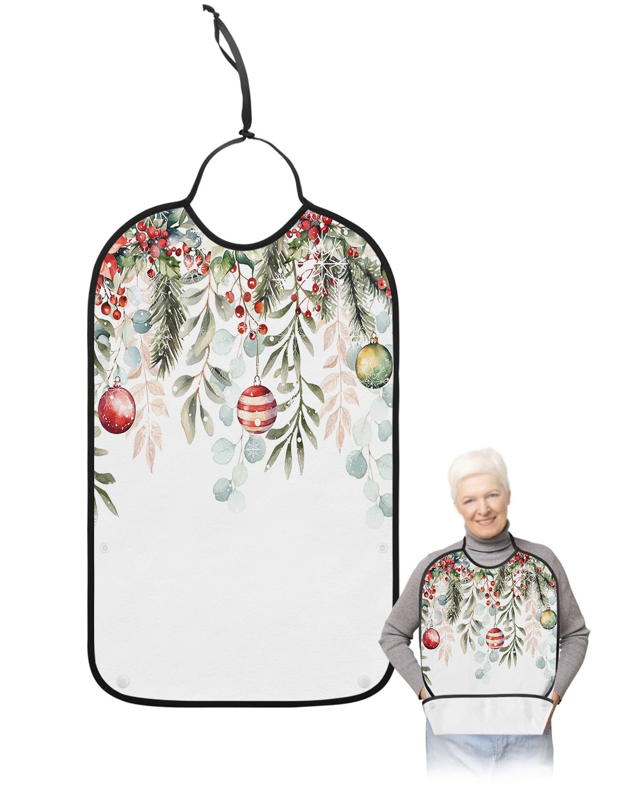 LEOKOTI Christmas Balls Adult Bibs for Eating, Waterproof Bibs with Food Catcher & Snap Closure, Xmas Poinsettia Eucalyptus Leaves Berry Snowflake Washable Clothing Protectors Adult Bibs for Elderly