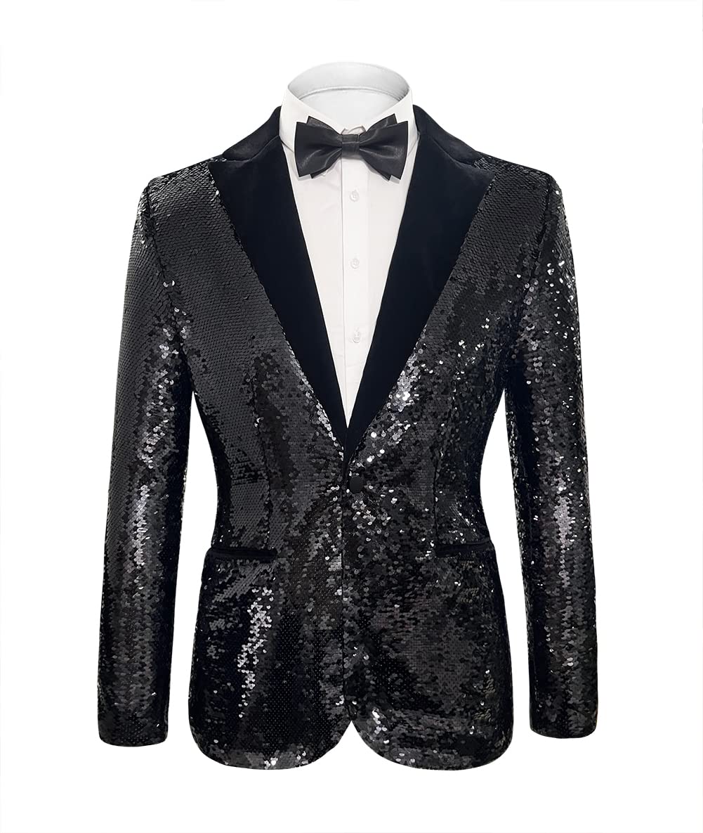 Men's Daily wear Wedding Prom Party Sequined Tuxedo Suit Jacket Blazers(Black，Medium-picture-26