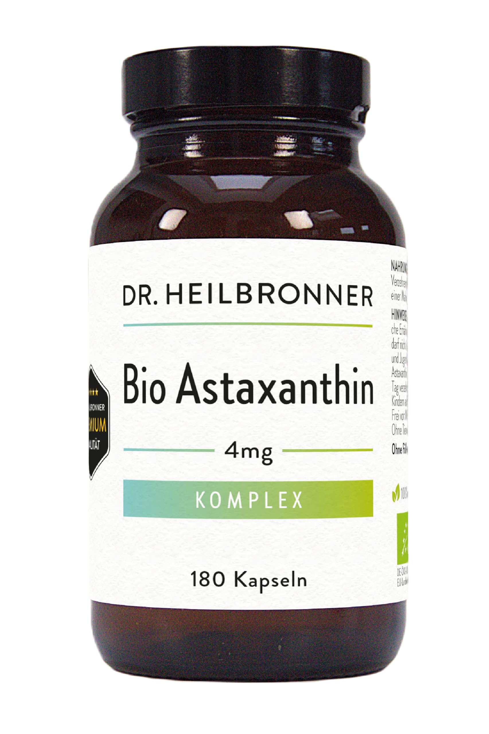Dr. Heilbronner Bio Astaxanthin 4 mg Kapseln hochdosiert in der Glasflasche 180 Stk. I Antioxidantien aus der Vitalalge Haematococcus Pluvialis I Supplements Carotinoide vegan glutenfrei & lactosefrei