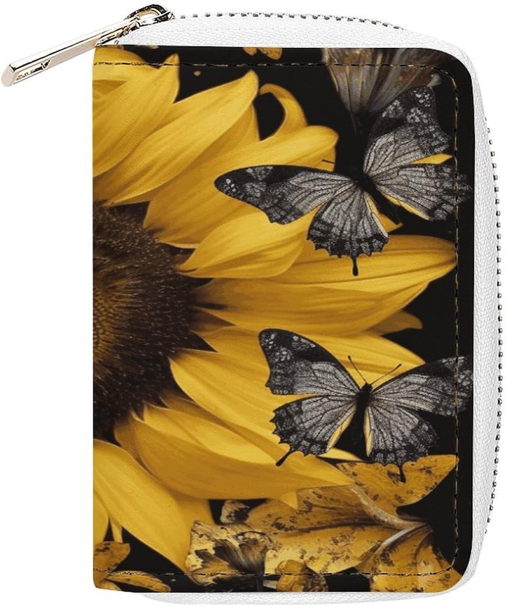 Butterfly And Sunflower Card Holder RFID Blocking,Credit Card Wallet for Women And Men,Card Case Organizer Bag with Zipper