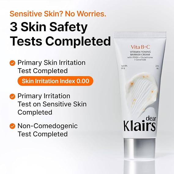 DearKlairs Vitamin Toning Barrier Cream, Skin Barrier Repair, Lightweight, Niacinamide, Korean Hydrating Face Moisturizer Skincare for Sensitive Skin, 2.11 Oz