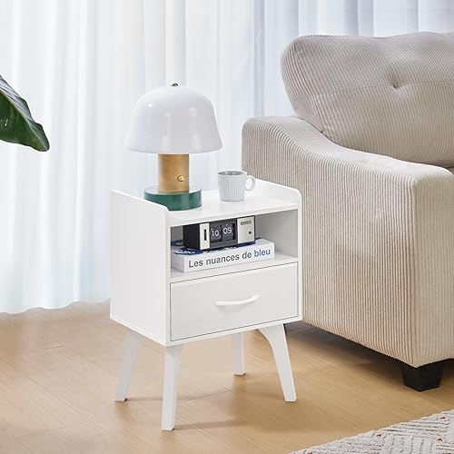 Miniatura 5 de Mesita de noche de madera, mesita de noche moderna de mediados de siglo, mesas auxiliares con cajones de tela y estante de almacenamiento abierto,