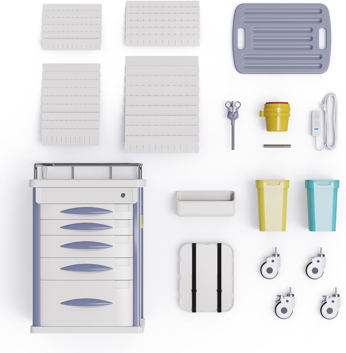 Medical Rolling Crash Cart with Accessories-CPR Board, IV Pole, O2 Holder, Trash Bin, Drawers with Dividers, Mobile Medical Cart for Clinic, Hospital, Nursing Center, Salon, 24.6”Wx19.1”Dx37.1”H