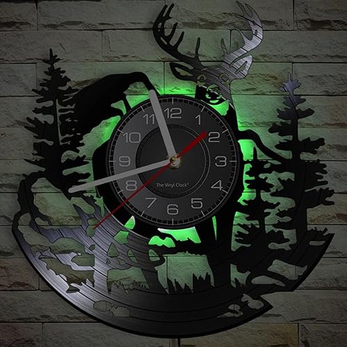 Miniatura 4 de Reloj de pared de disco de vinilo de caza de ciervos con 7 luces LED que cambian de color, reloj silencioso, naturaleza, vida silvestre, paisaje,