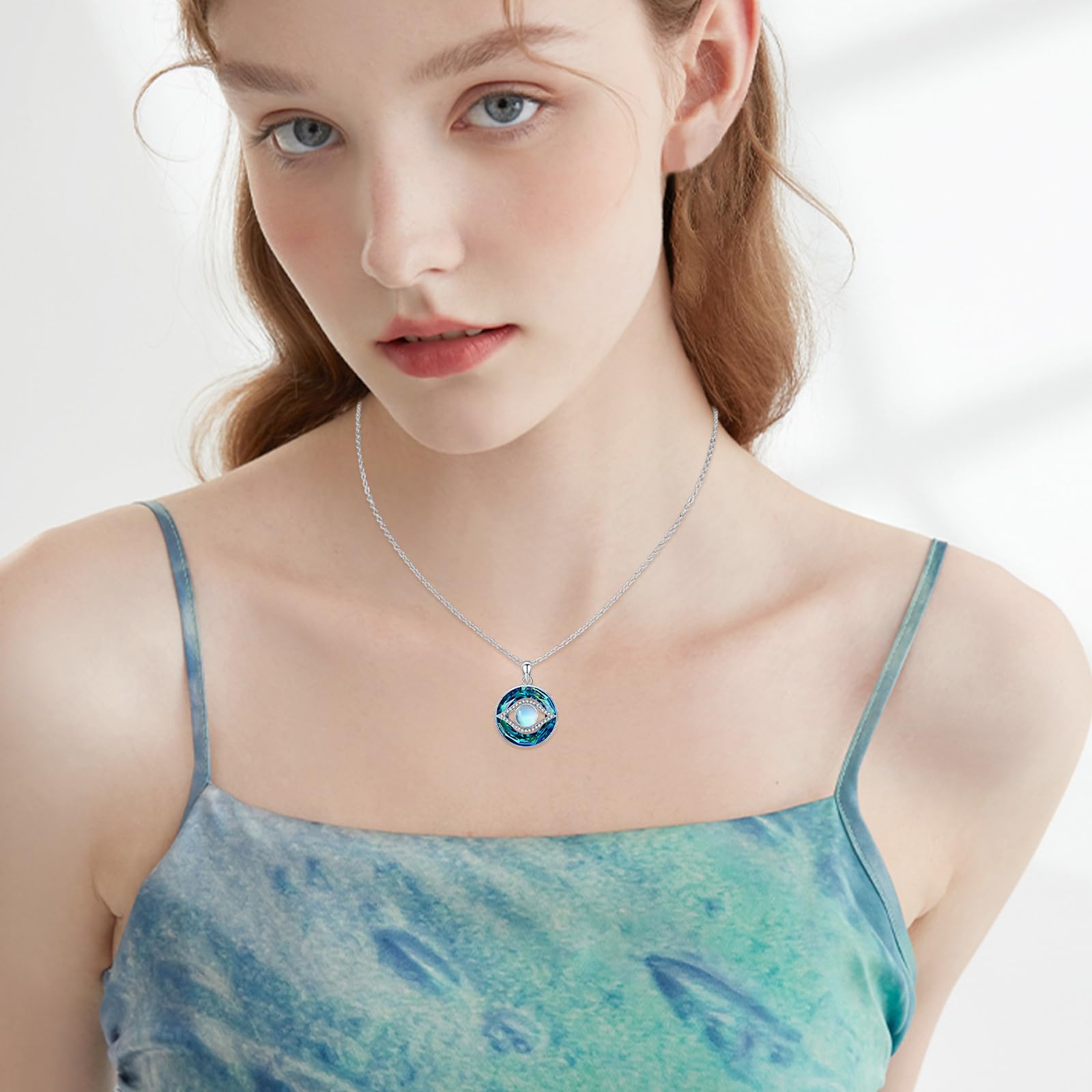 Collar de plata de ley 925 contra el mal de ojo, collar de piedra lunar, collar de cristal, regalo para mujer, talla única, Plata esterlina, Cristal