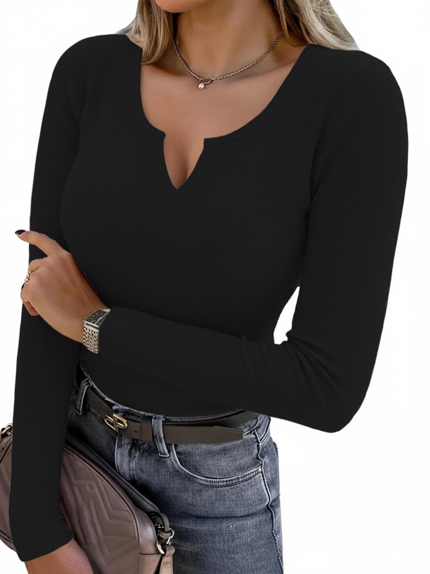 Aottori Damen Langarmshirt Gerippt Elegant Oberteile V-Ausschnitt Langarm Pullover Baumwolle Slim Fit T-Shirt Stretch Casual Basic Top