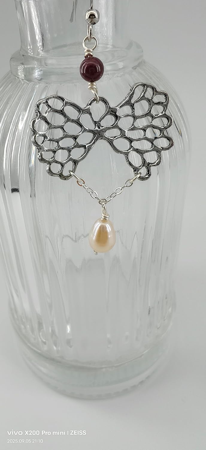 Handmade Silver Filigree Bow Dangle Earrings, Pearl Drop, Burgundy Bead Accent, Sweet Style - Image 3
