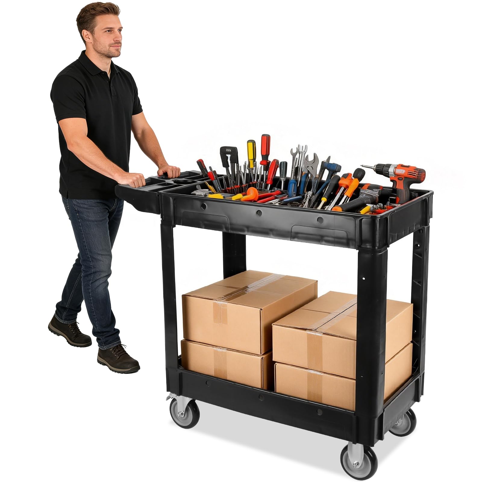 TOROKOM Heavy Duty Utility Cart on Lockable Wheels, 2-Tier Capacity Rolling Trolley Cart Multi-Purpose Service Handcart with Handle Black Storage Organizer Mobile Tool Cart for Warehouse (500lbs)
