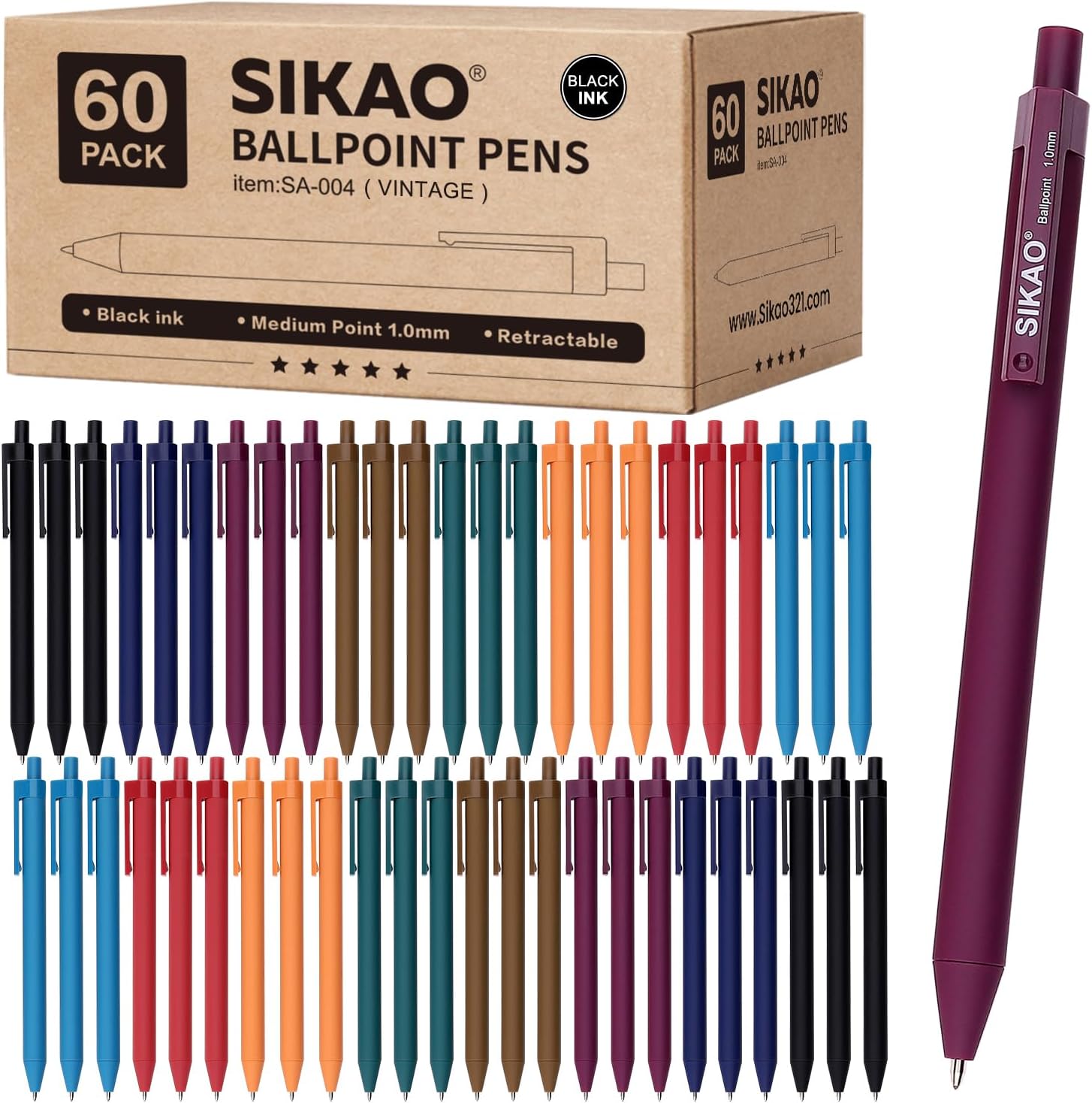Pens Bulk, 60 Pack Vintage Ballpoint Pens with Black Ink, 1.0mm Medium Point Smooth Writing, Click Pens 8 Calm Vintage Colors for Teachers, Students, School & Office Supplies