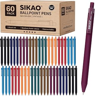 Pens Bulk, 60 Pack Retractable Ballpoint Pens Black Ink (Vintage) | 1.0mm Smooth Writing Clear Lines No-Smear, 8 Calm Vintage Styles Click Pens for Teachers, Students, School & Office Supplies