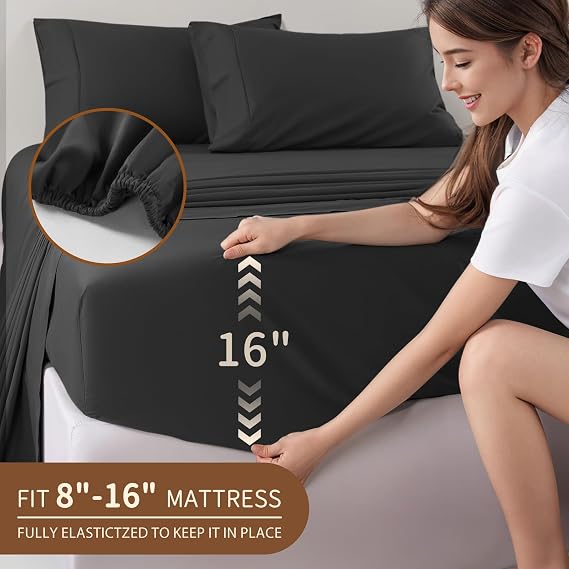 100% Egyptian Cotton Sheet Set, 16 Deep Pocket, Black Full Size