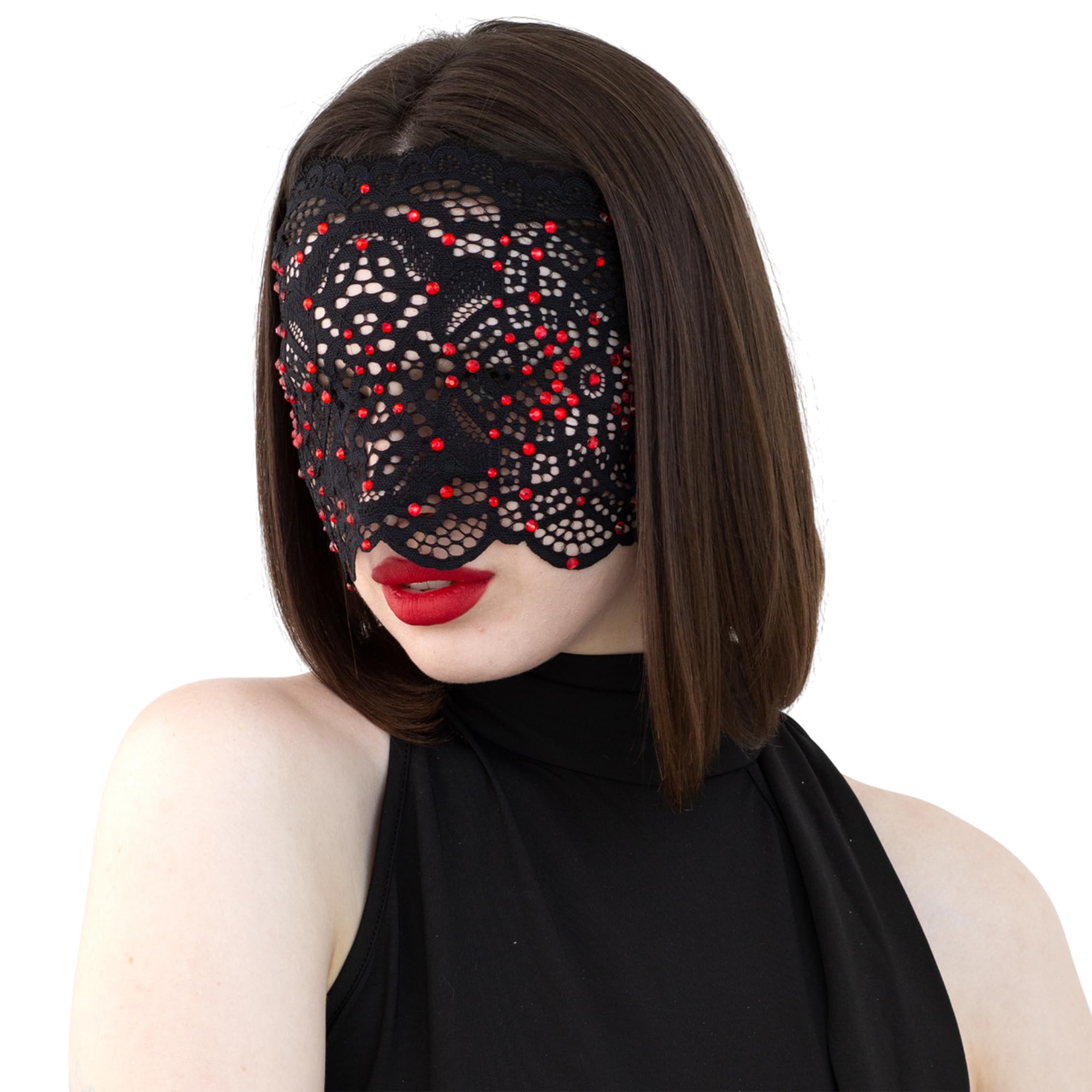 Black Full Face Lace Mask for Women with Bright Red Rhinestones, Venetian Masquerade Mask, See-Through, Sparkling Party Costume Accessory, Elegant Gift Packaging