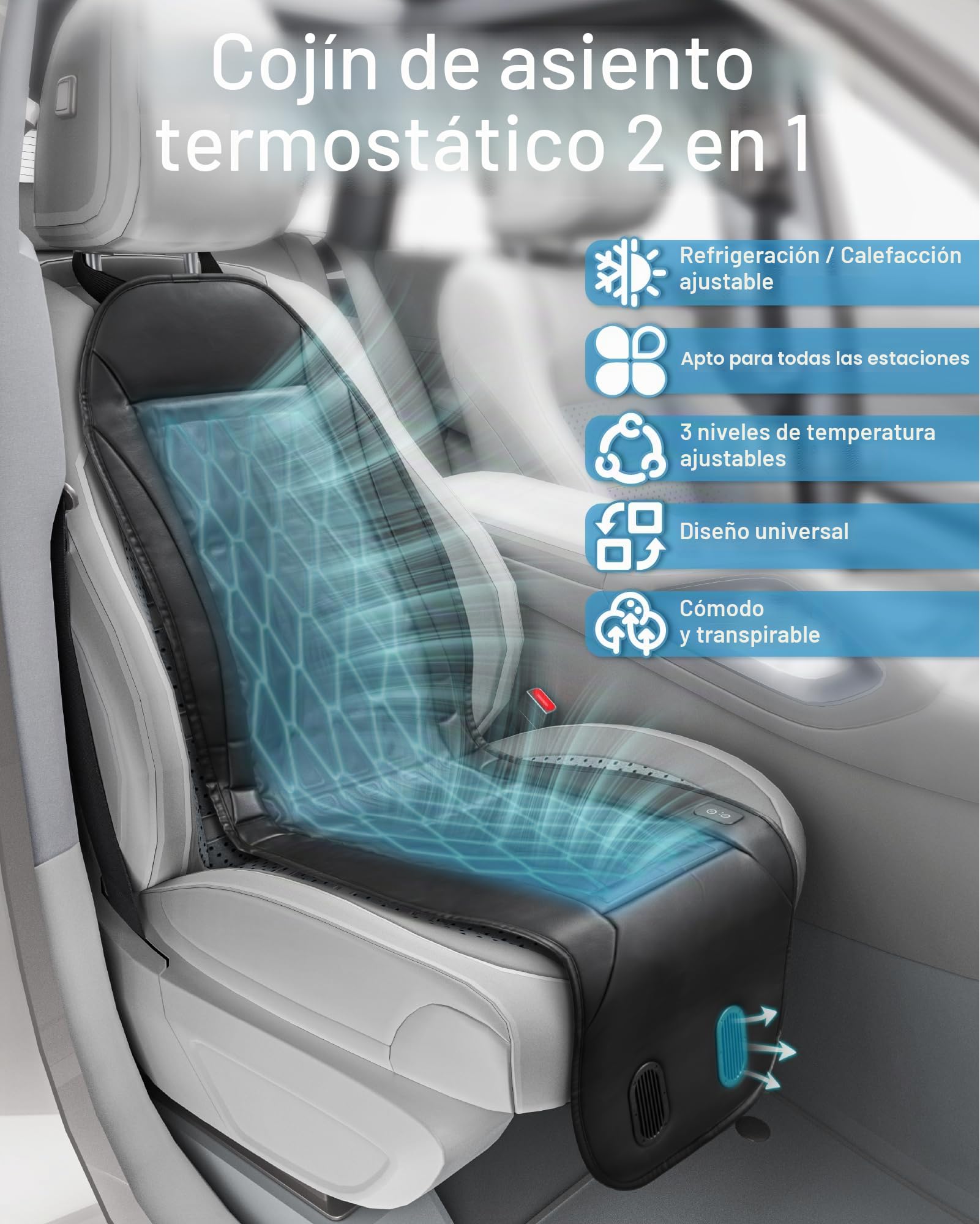 Cojín de Asiento para Coche con refrigeración líquida, 12V/24V Encendedor, 3 Niveles de refrigeración, Universal | Cojín de refrigeración activo para asiento de coche, 12 V-24 V, silencioso, para coche, SUV, camión