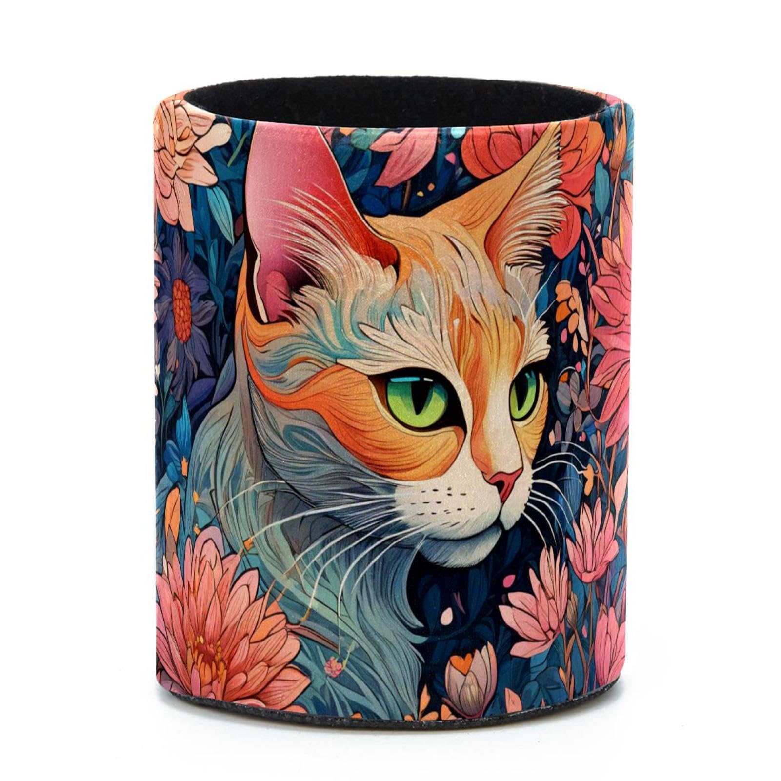 VAPOKF Round Pencil Holders for Desk, Color Drawing Cat Pen Holders Pen Pot Makeup Brushes Storage Desktop Stationery Supplies Organiser for Home Office