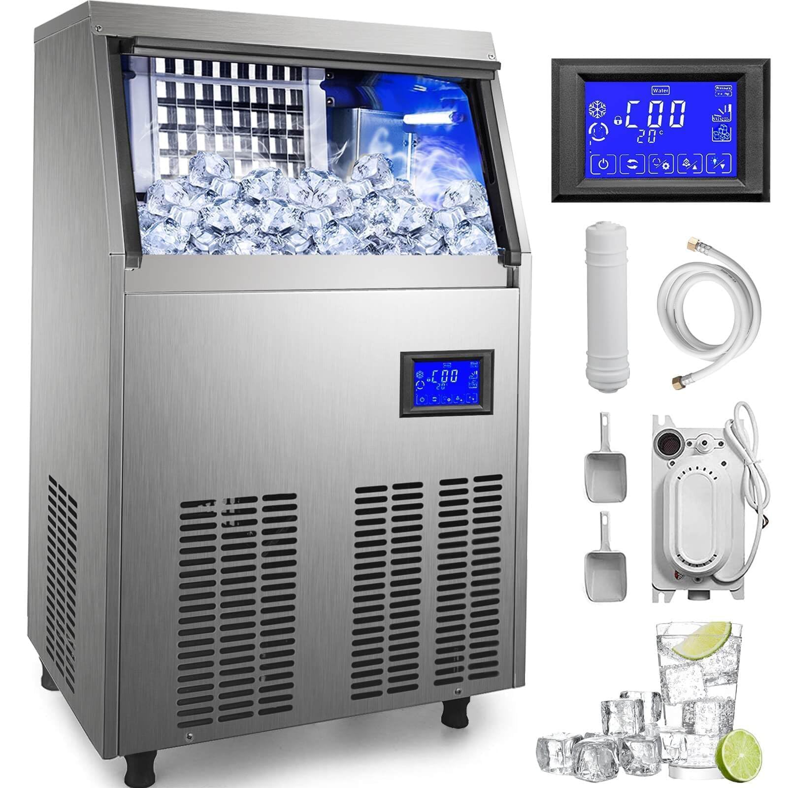 Máquina de hielo comercial 2000 kg/24 H, 1030 W, acero inoxidable, con capacidad de 59 kg, autolimpieza, ahorro de energía, para bares, restaurantes y cocina doméstica