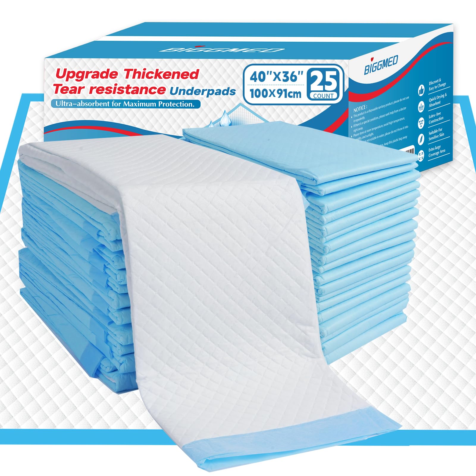 BIGGMED Tear-Resistant Incontinence Bed Pads 40x36 (25 Count)