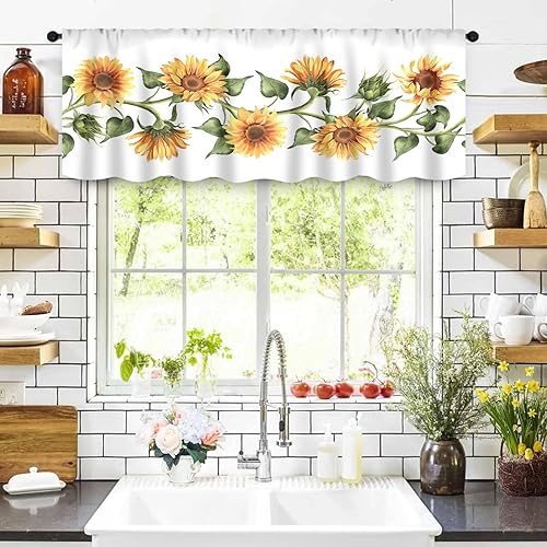 Miniatura 9 de IFFVGX16 Juego de 3 piezas de cortinas y cenefas de cocina con girasol y bolsillo para varilla - 58 pulgadas de ancho x 14 pulgadas de alto + (28