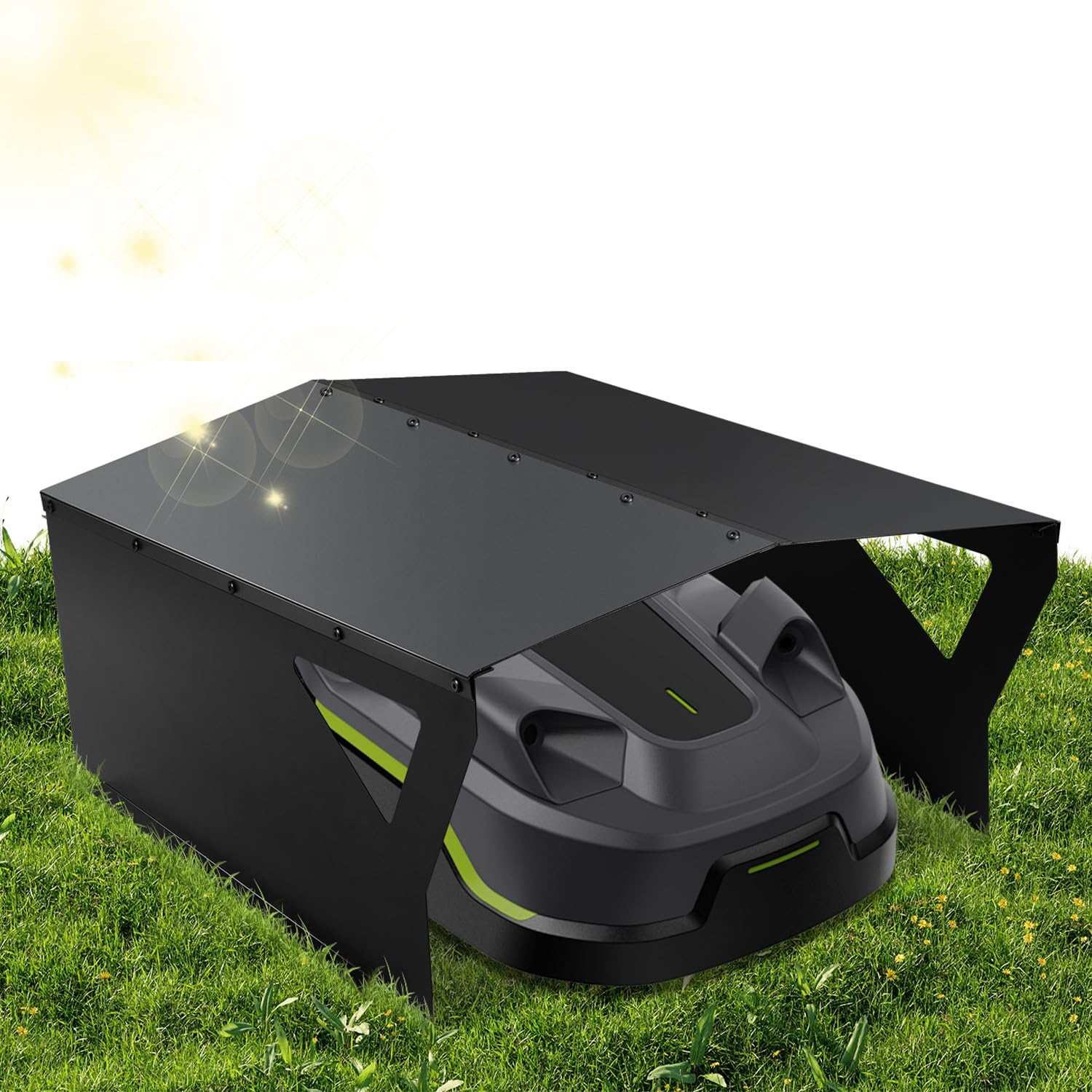 Garaż dla robota koszącego, garaż dla robotów koszących, zadaszenie dla robotów koszących, ocynkowana blacha, garaż, deszczownica dla robotów koszących z listwą podporową, czarny