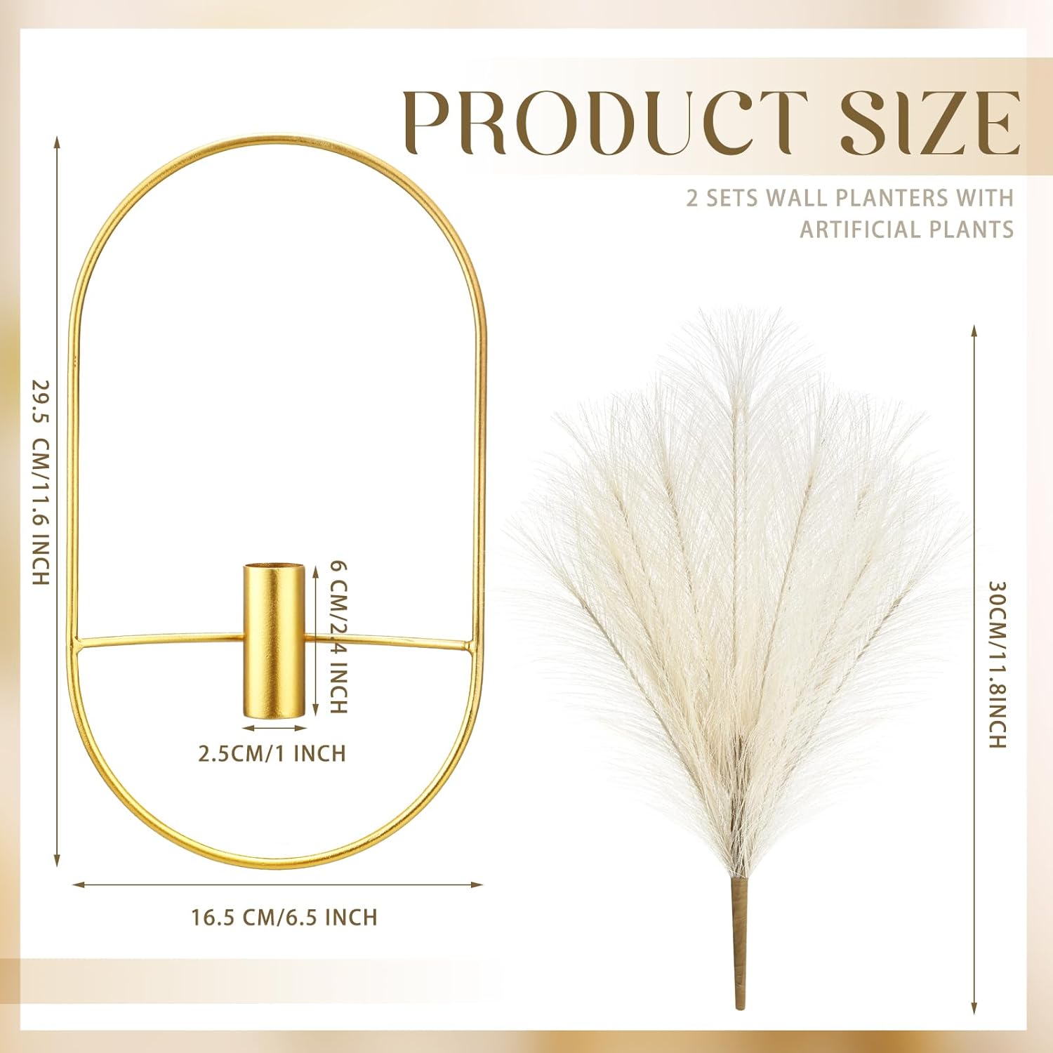 Peryiter 2 Pcs Boho Wall Decor Metal Gold Wall Art Hanging Planters with Artificial Pampas Modern Home Decor Display Art for Living Room Bedroom Bathroom(Oval)