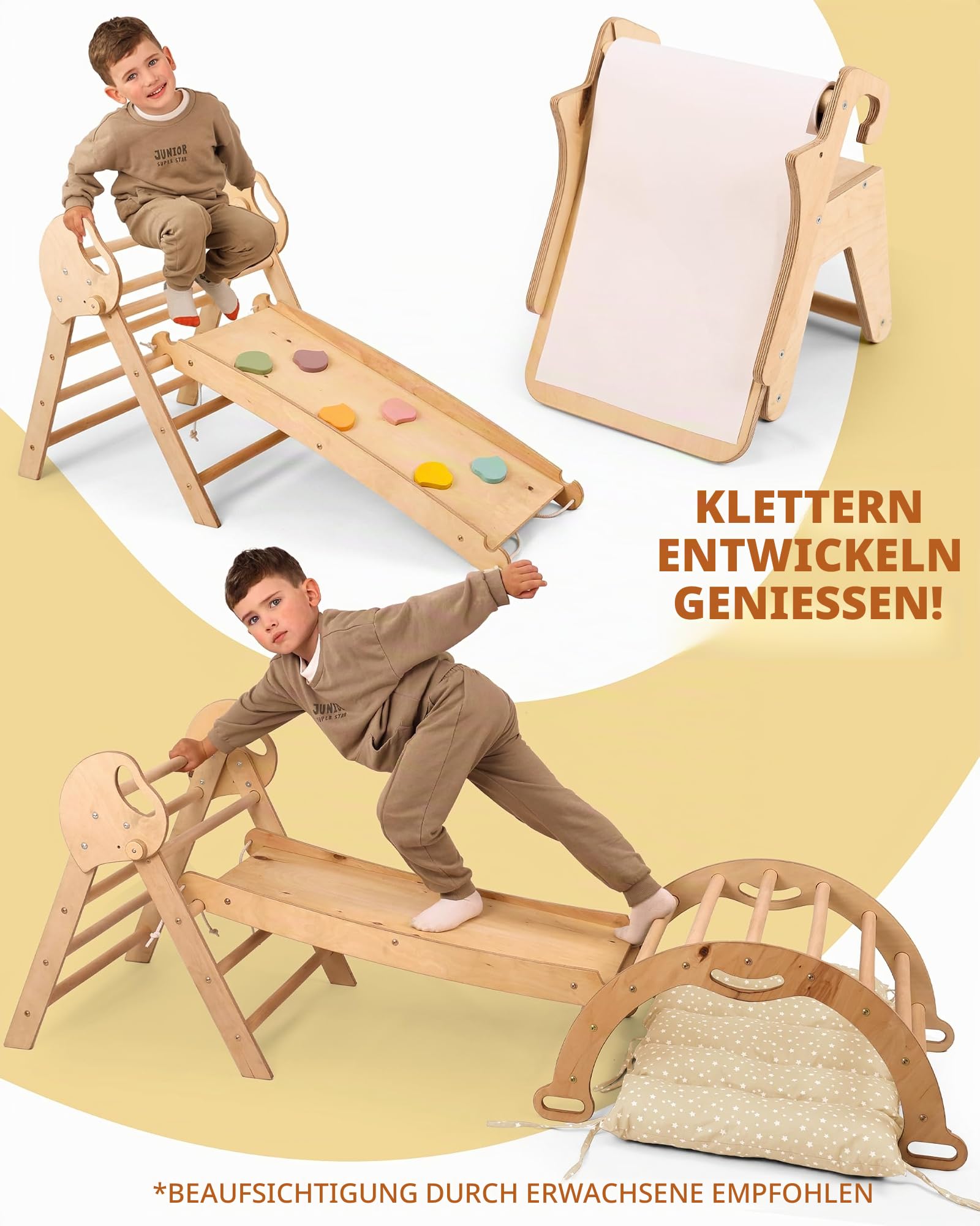 Goodevas Montessori Kletterdreieck Set | Klettergerüst Indoor Holz mit Dreieck, Wippe, Rutsche, Kissen & Kunst-Set, Umbaubar, 1-3 Jahre, Beige