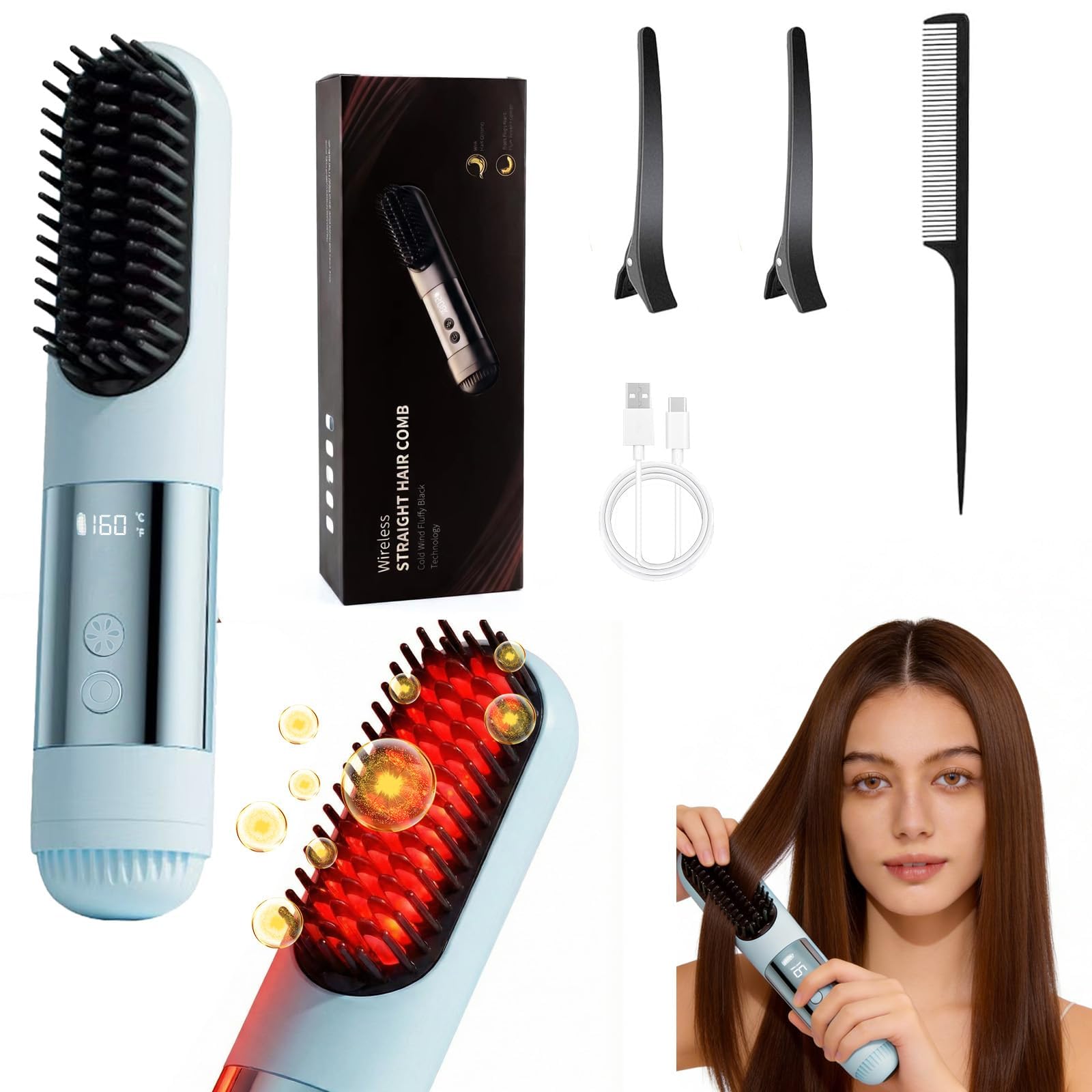 Photo 1 of 2026 New Go Brush Pro - 3 Temps Portable Cordless Hair Straightener Brush for Travel, Led Digital Display(°C/°F), Cool Air Setting On the Back (Blue)