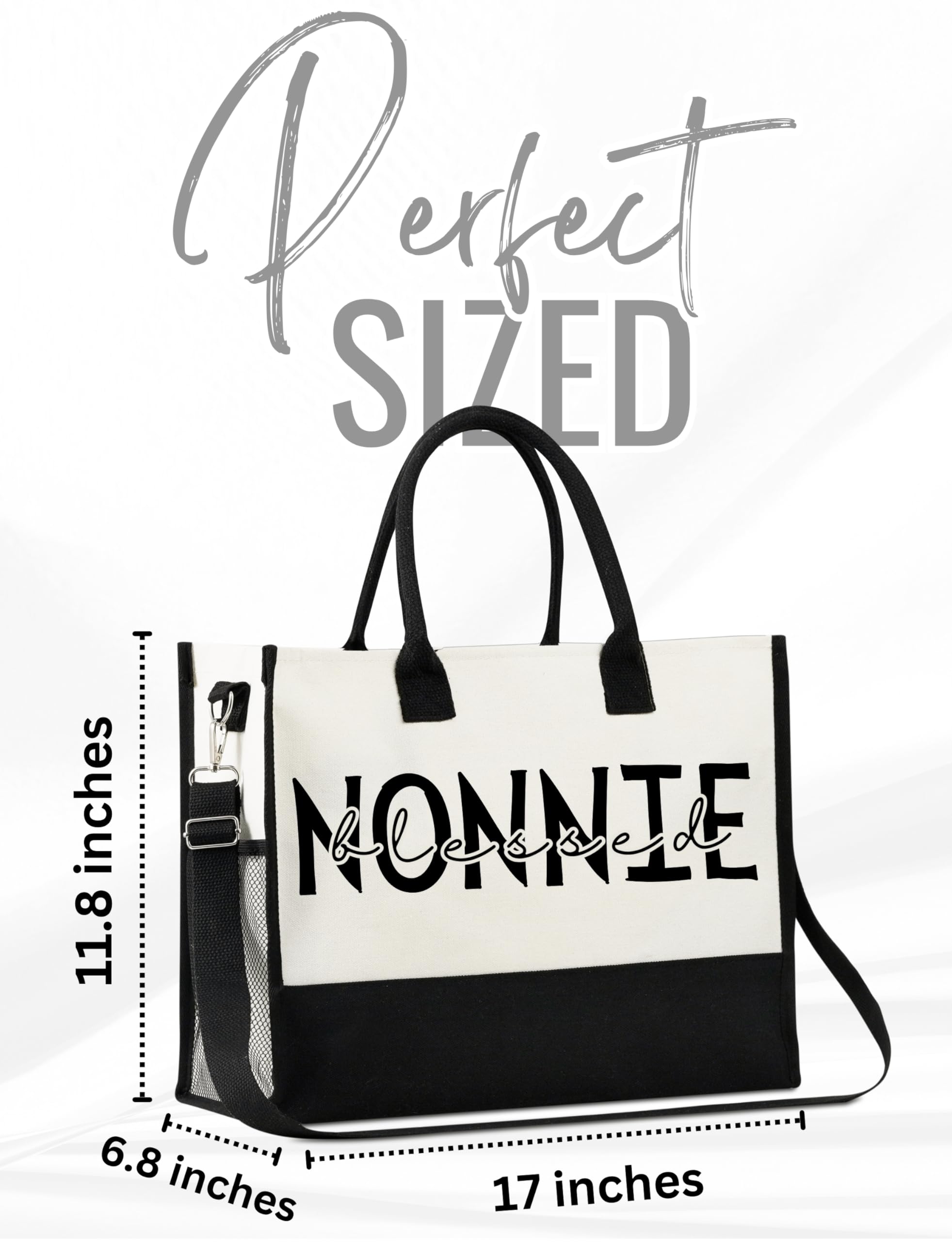 InnoBeta Nonnie Gifts for Grandma, Canvas Tote Bag on Christmas or Birthday & Mother's Day, Tote with Top Zipper Closure and Shoulder Strap - Blessed Nonnie