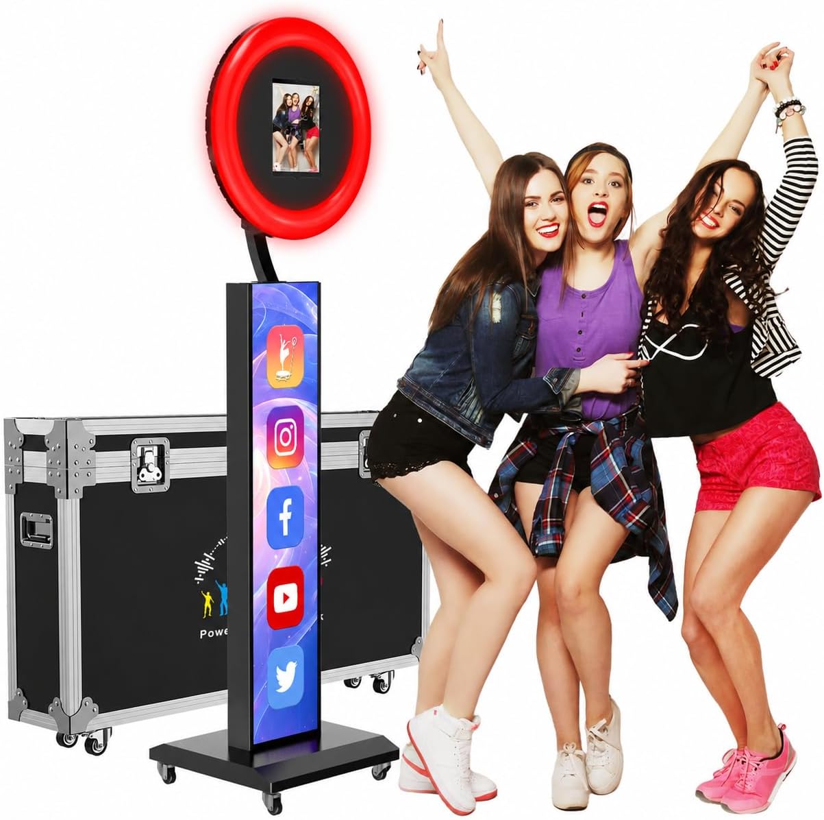 JIYANG Portable Photo Booth Stand Shell with Light Ring,Fits for Any Size iPad, Photo Booth Shell with Flight Case,Black Selfie Photo Booth with Chacktok Software Perfect for Wedding