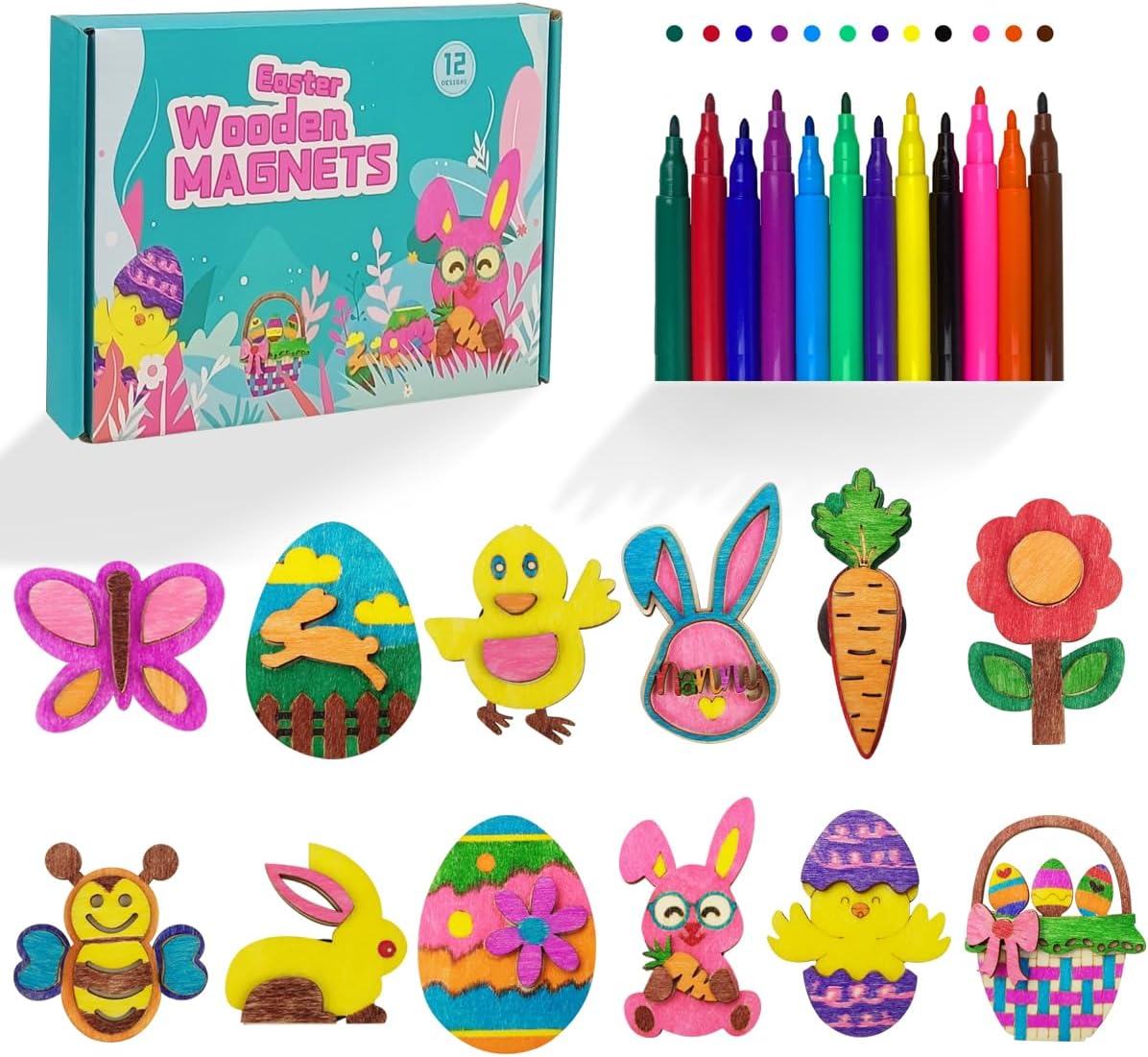 Muyiz 12 Easter Wooden Magnet Creativity Arts & Crafts Painting Kit for Kids Easter Basket Stuffers Gifts Toys Party Favors