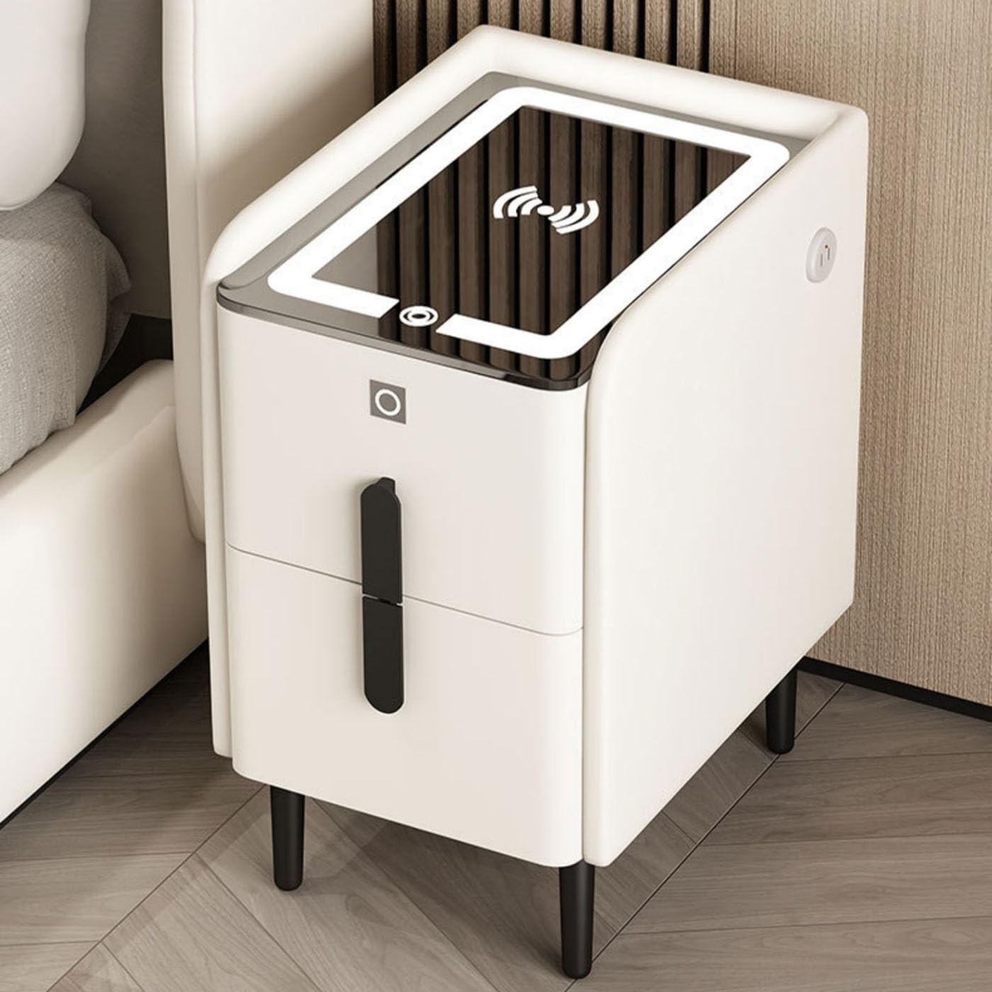 ASerZenith Nightstand With Charging Station And Fingerprint Lock,Bedside Tables W/2 Large Capacity Drawers,Led Smart Night Stand Table,White-35X40X50Cm