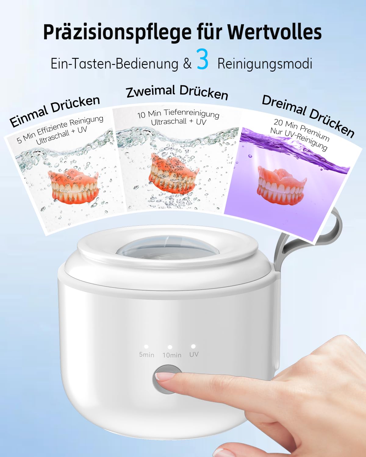 JeaTone Ultraschallreinigungsgerät Zahnschiene Kabellos - 48kHz Dental Pod mit UV-Licht & 2000mAh Akku - IPX5 Wasserdichtes Ultraschallreiniger für Retainer, Aligner, Zahnersatz & Schmuck - 200ml