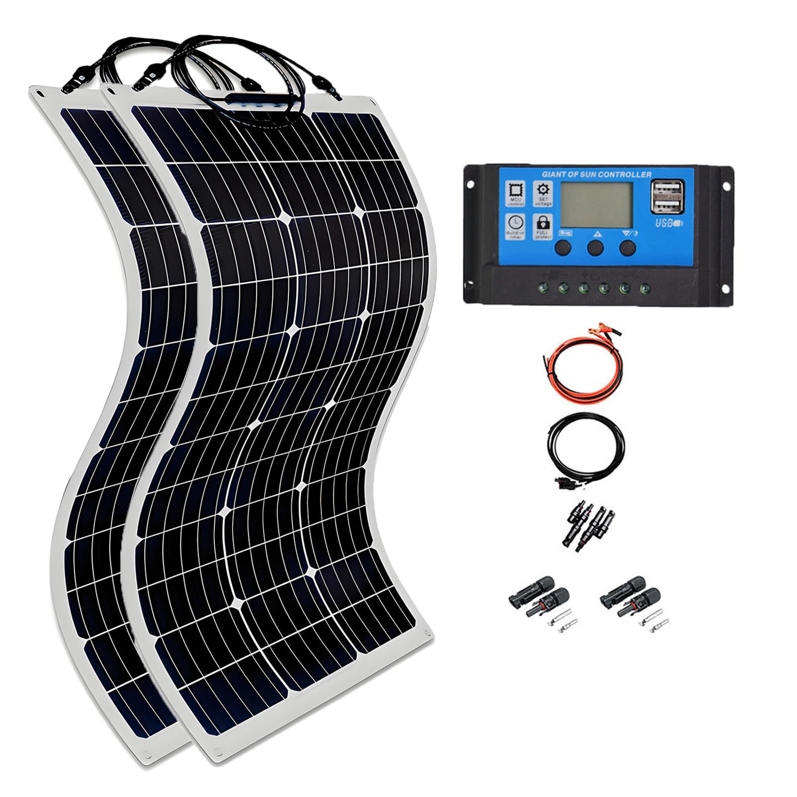 300W 18V Placa Solar Flexible Monocristalino Impermeabilidad IP67 40A Controlador de Cargador Alta Eficiencia Módulo Solar para Autocaravana Coche Barco Baterías de 12 V 2 * 300W