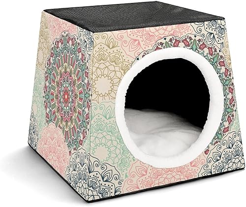 Casas y condominios impresos para gatos con diseño de cubo plegable con almohada extraíble, diseño floral de mandala retro