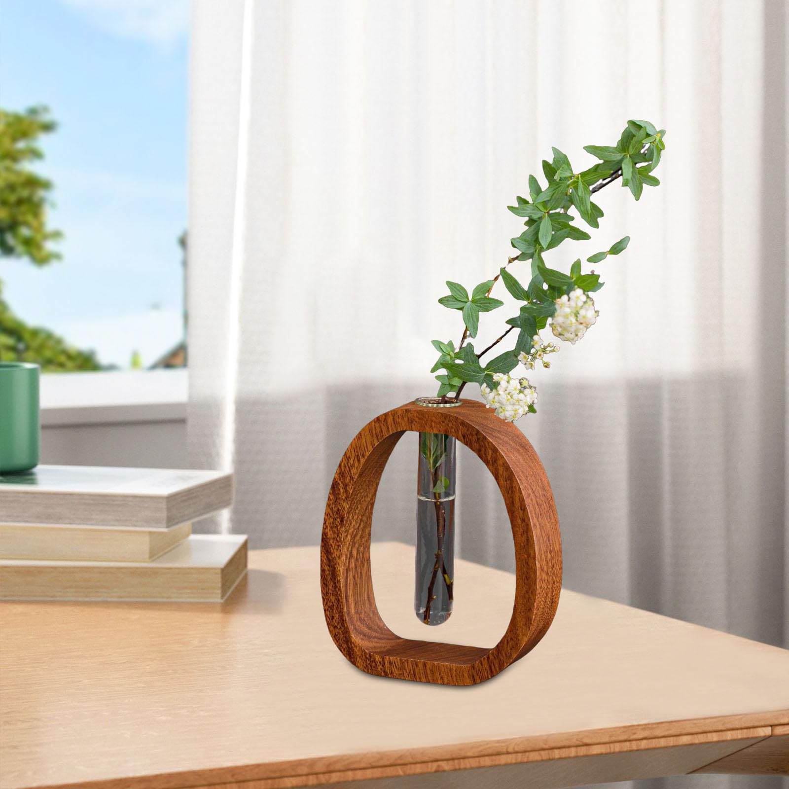 Glasvase aus Walnussholz, kleine Blumenvase mit Reagenzglas, kreatives Hydrokultur-Ornament für Heimdekoration und Tafelaufsätze