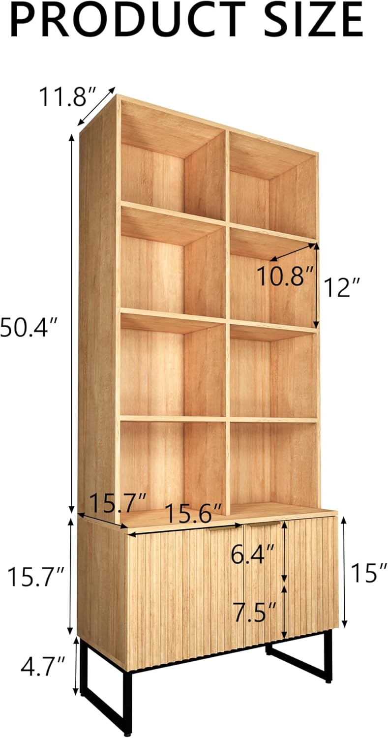 Bookcase with Cabinet,8 Cube Book Case with Adjustable Shelves,Fluted Bookshelf for Home Office,Living Room,Library,Oak(1, 8-Cube)