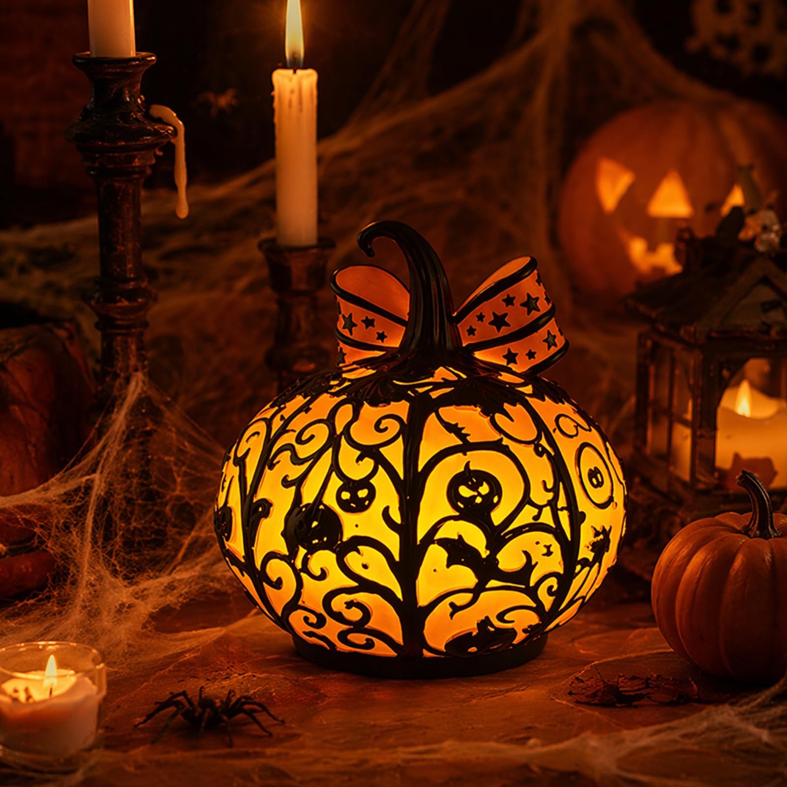Halloween Stained Glass Pumpkin Lamp, Jack-O-Lantern Stained Glass Light