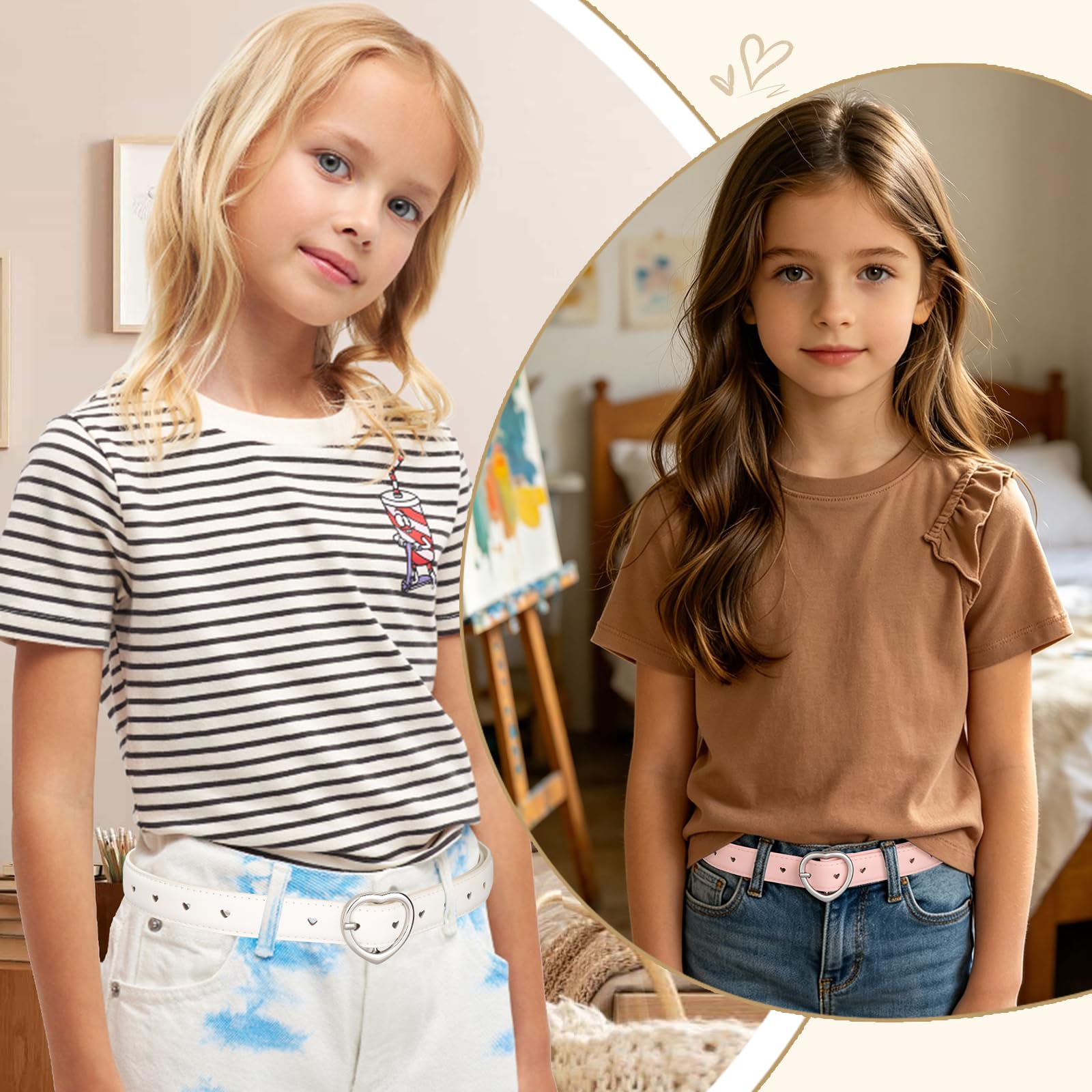 2 Pièces Ceinture Enfant Fille - Accessoires de Mode Avec Boucle En Forme De Coeur Réglable de 6-15 ans