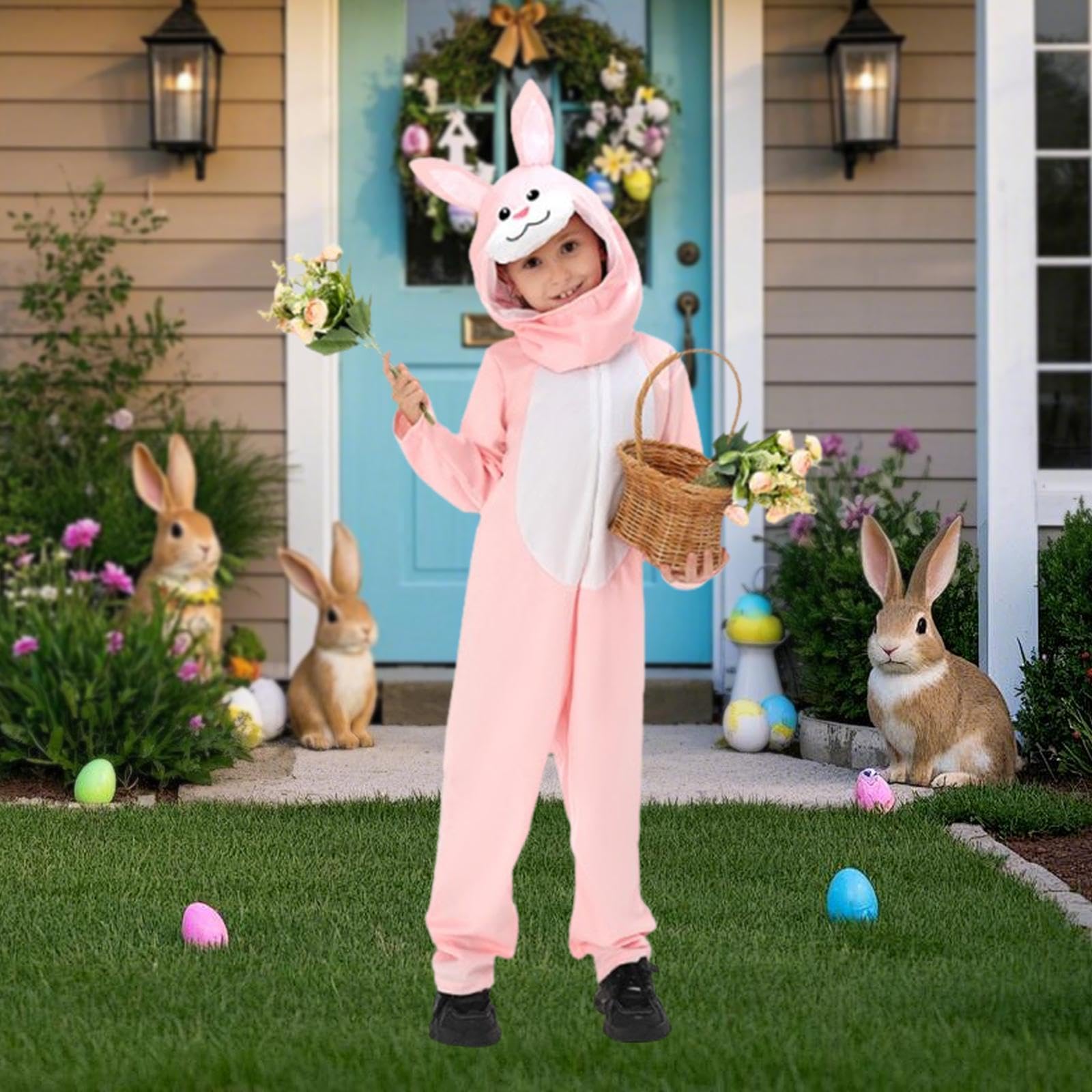 Costume Lapin de Pâques Ensemble Complet Enfant Tenue Bunny Jumpsuit Confort Polyestér Convient pour Fête Déguisée Spectacle École Maison, Rose, L