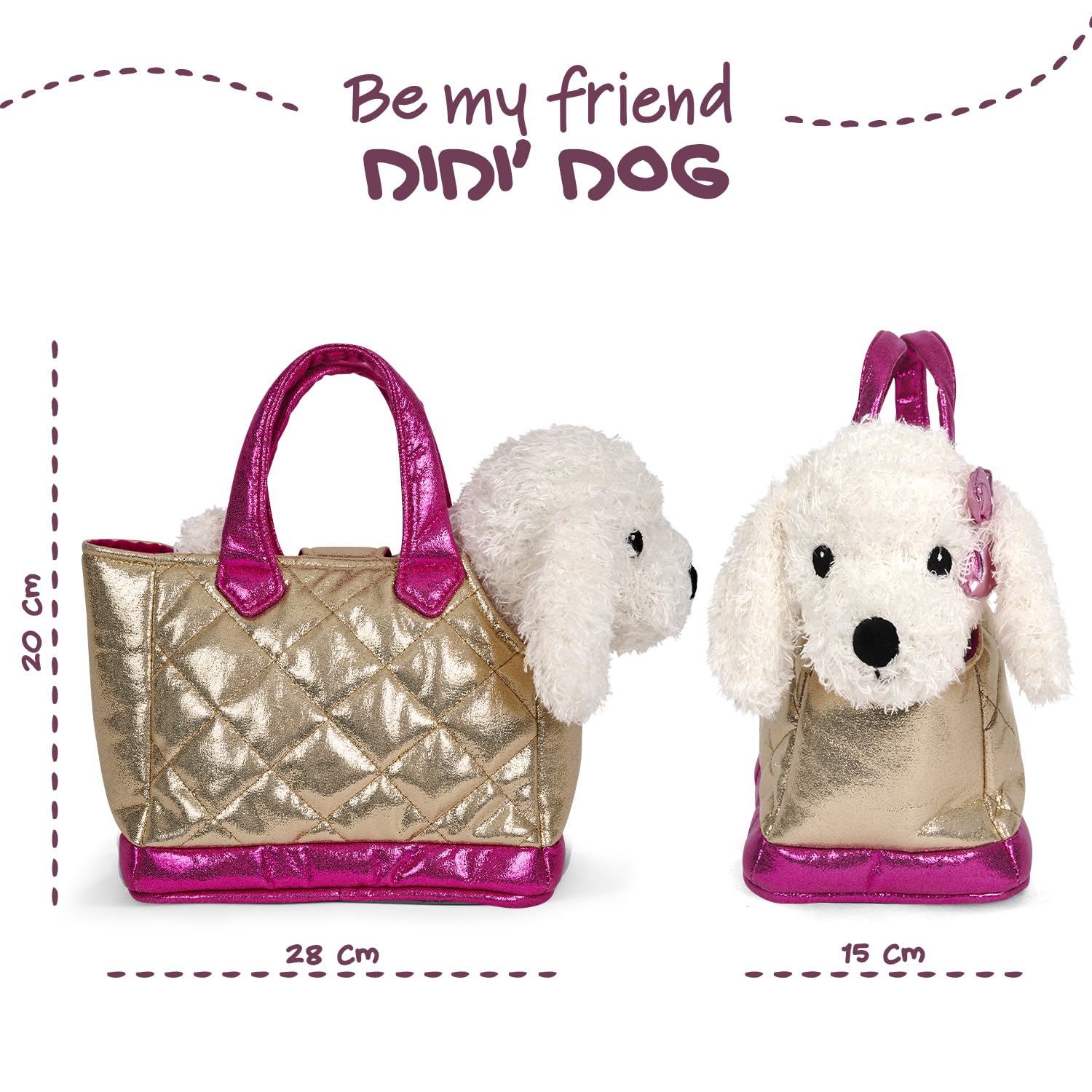 PERLETTI Bolso Niña con Peluche Extraíble - Bolsa Infantil Regalo Niñas 3 4 5 6 Años Suave Ligera Multicolor - Bolso de Mano con Caniche Gato Peluche Guardería Viaje - 30x15x20cm